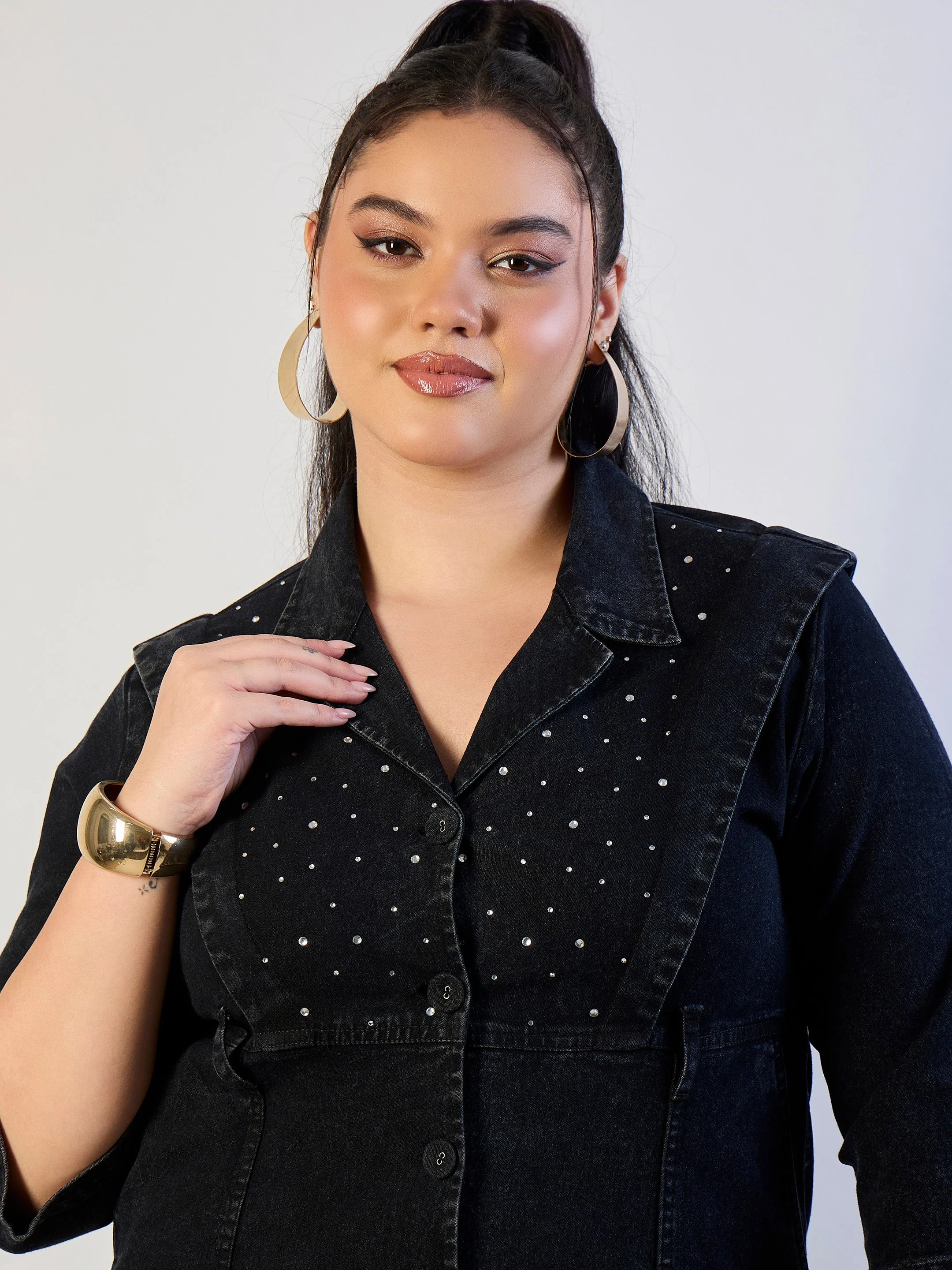Women Black Wash Denim A Line Midi Dress - Image 4