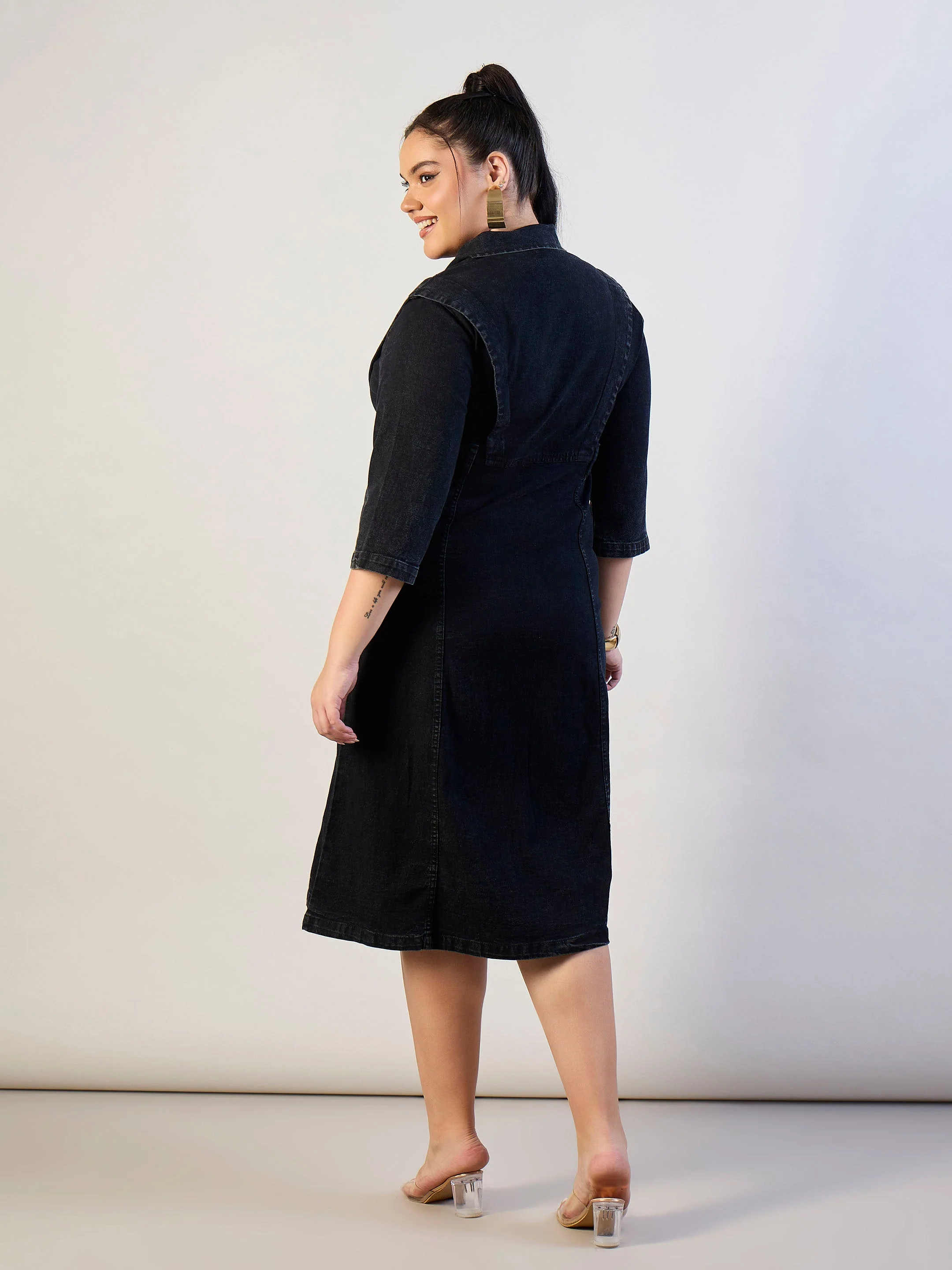 Women Black Wash Denim A Line Midi Dress - Image 5