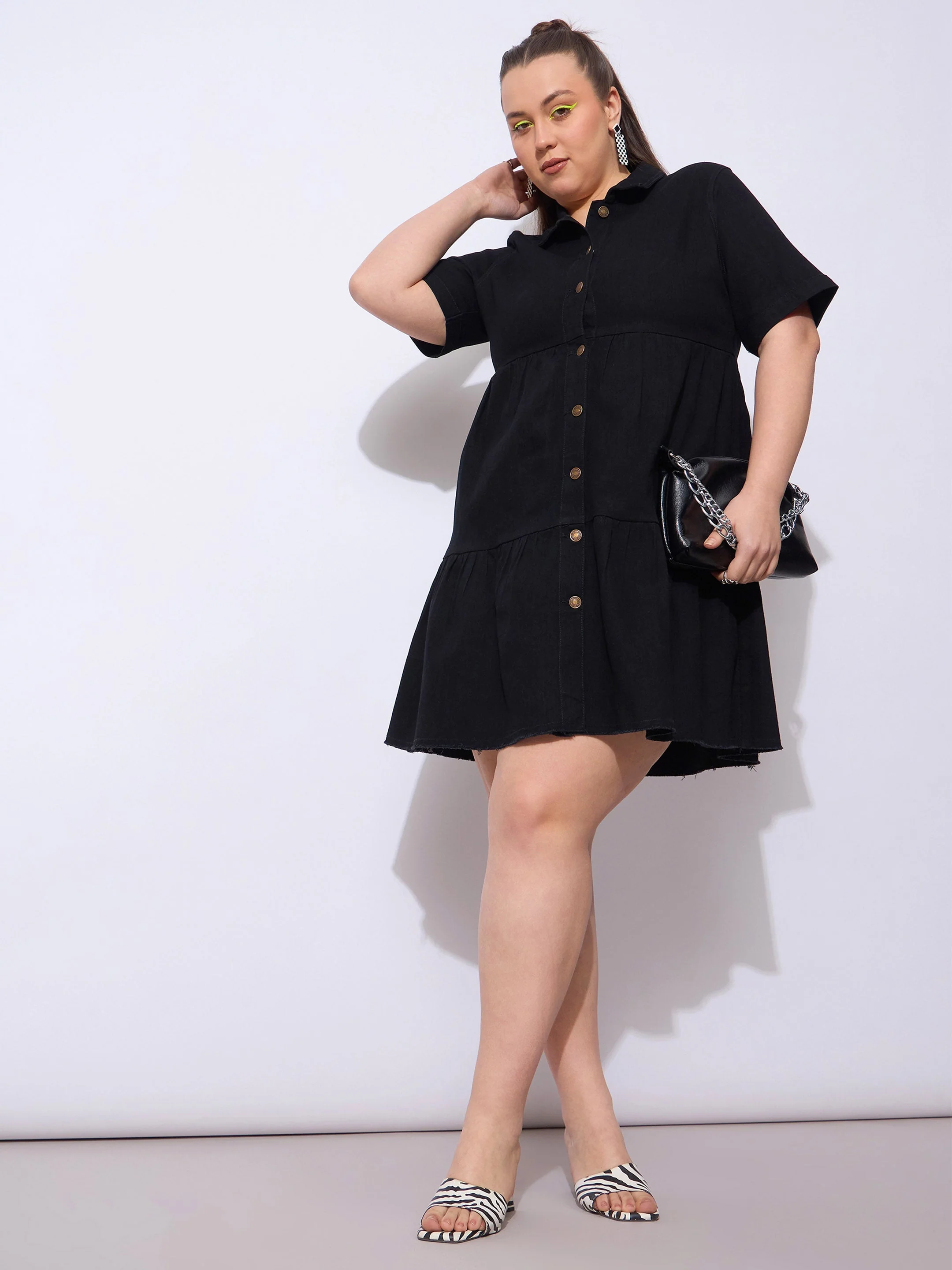 Women Black Wash Denim Short Tiered Dress - Image 2