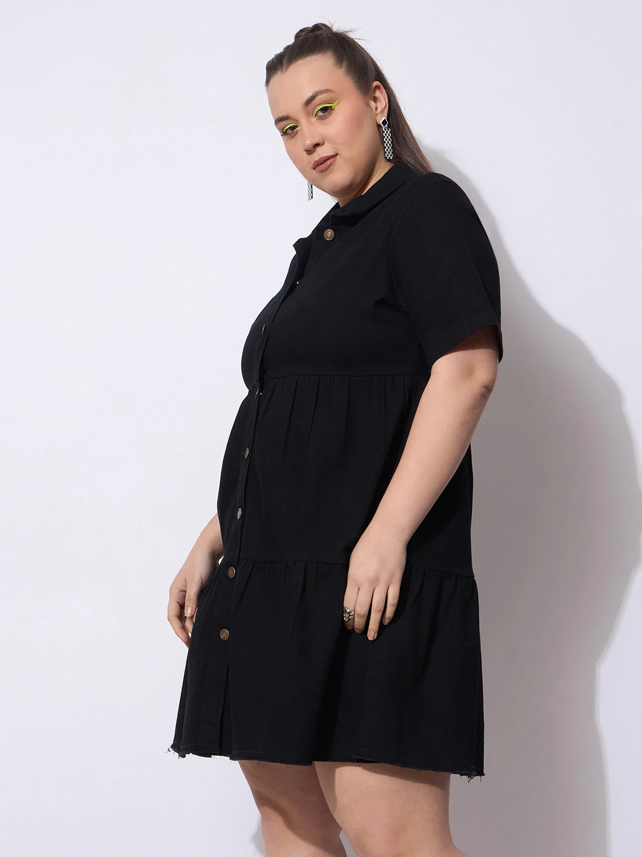 Women Black Wash Denim Short Tiered Dress - Image 3