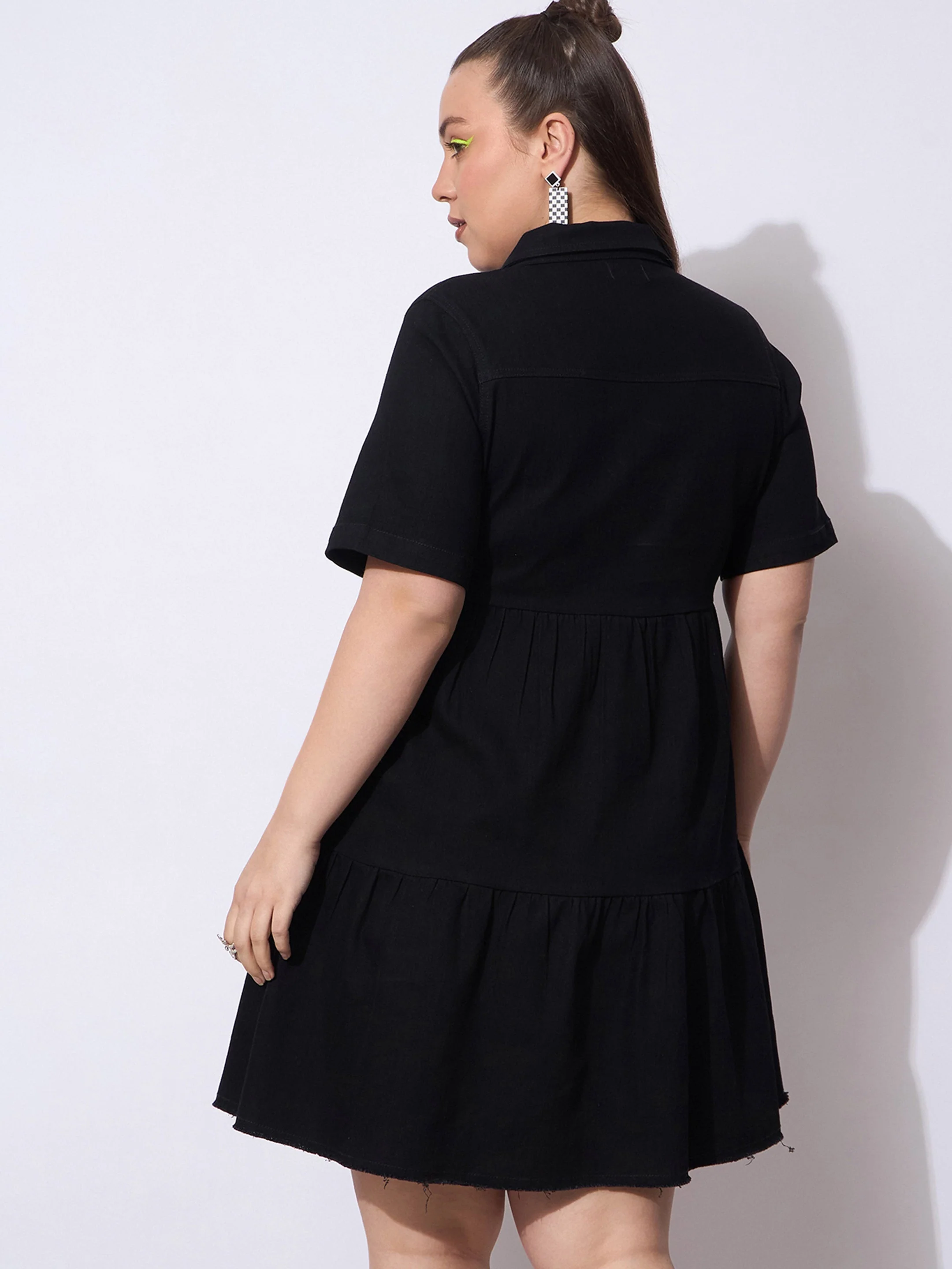 Women Black Wash Denim Short Tiered Dress - Image 5