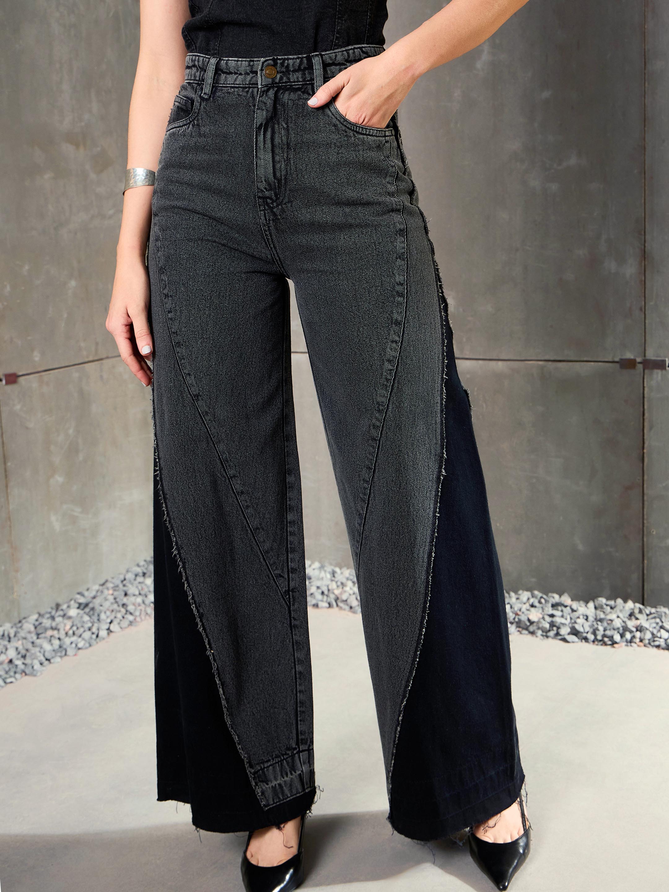 Women Black Washed ColorBlock Wide Leg Jeans - Image 2