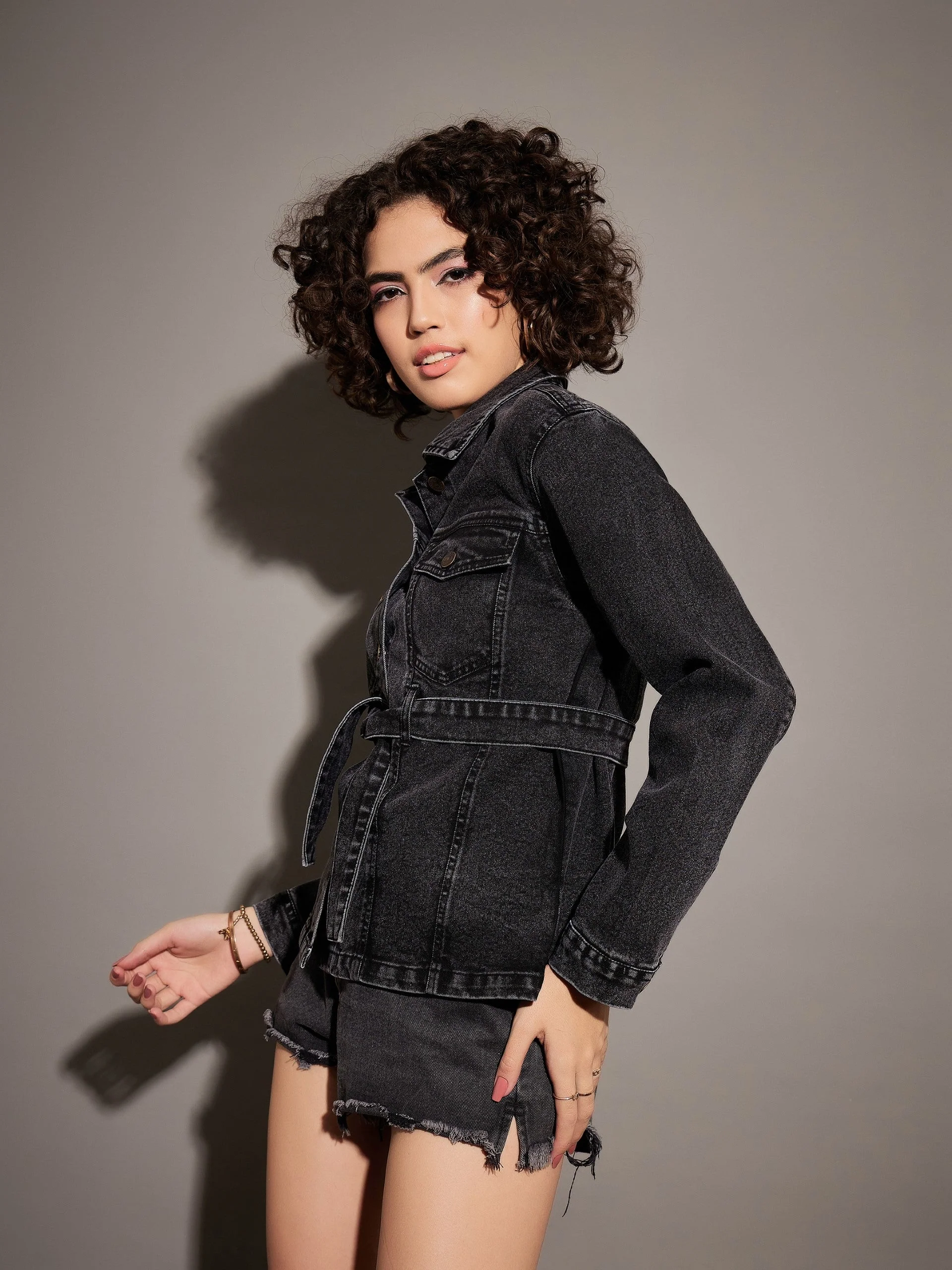 Women Black Washed Denim Belted Jacket - Image 3