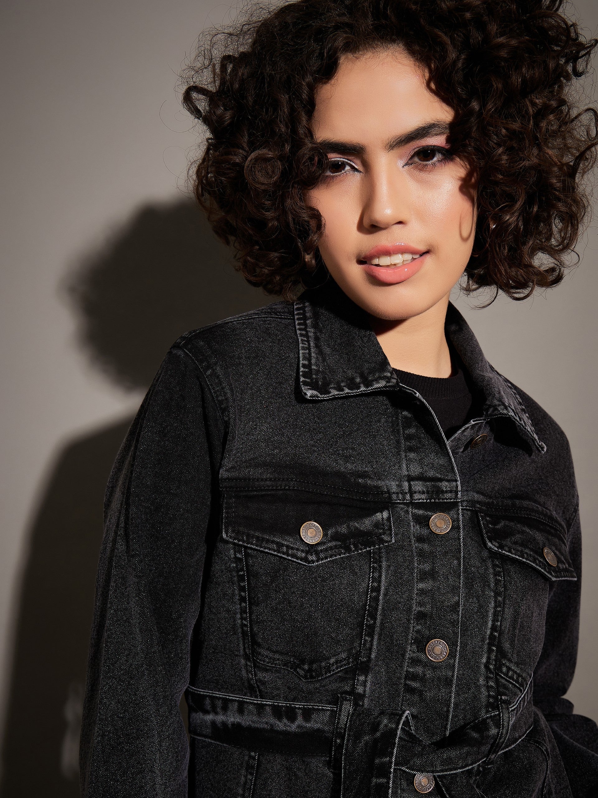 Women Black Washed Denim Belted Jacket - Image 4