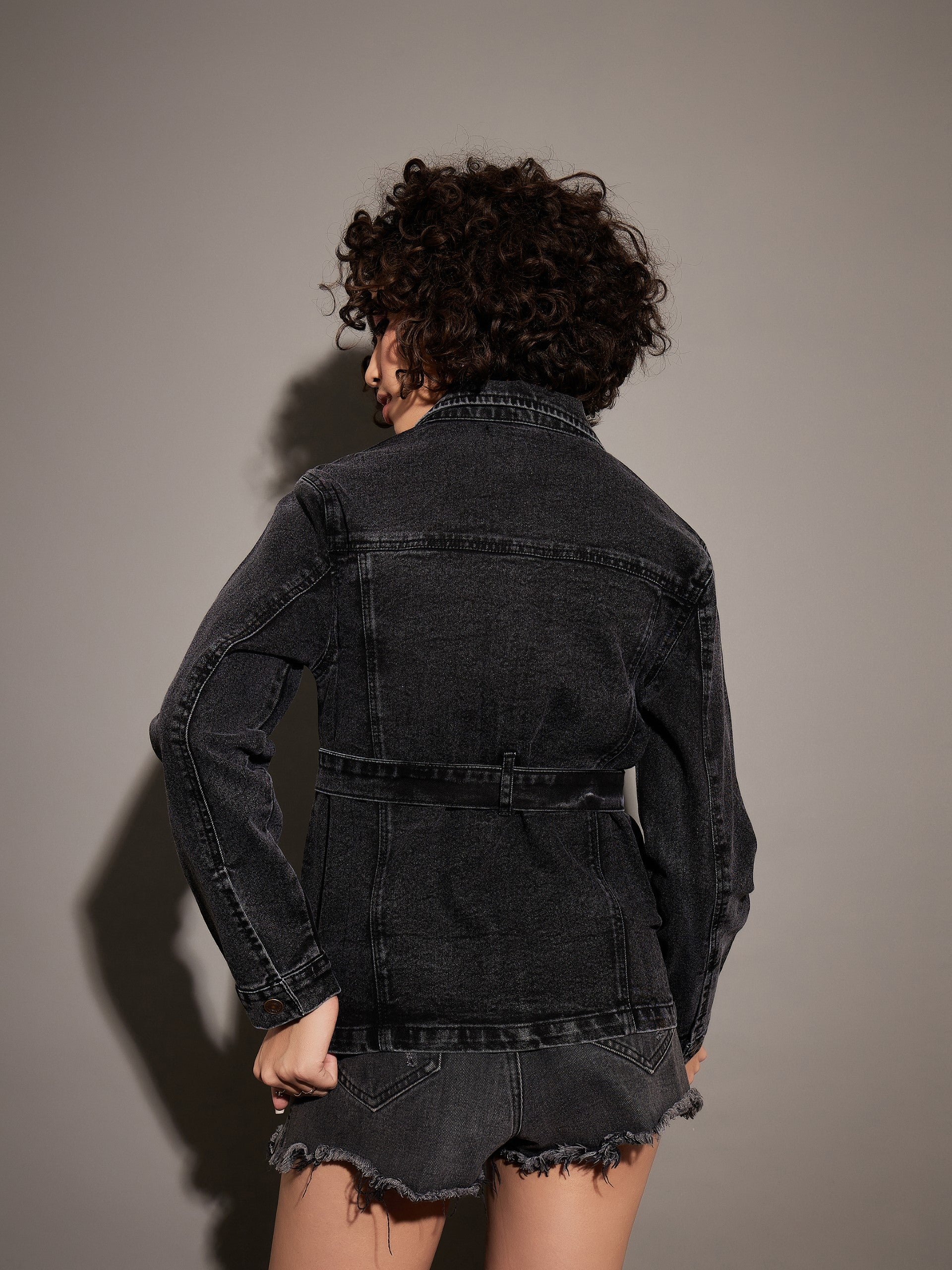 Women Black Washed Denim Belted Jacket - Image 5