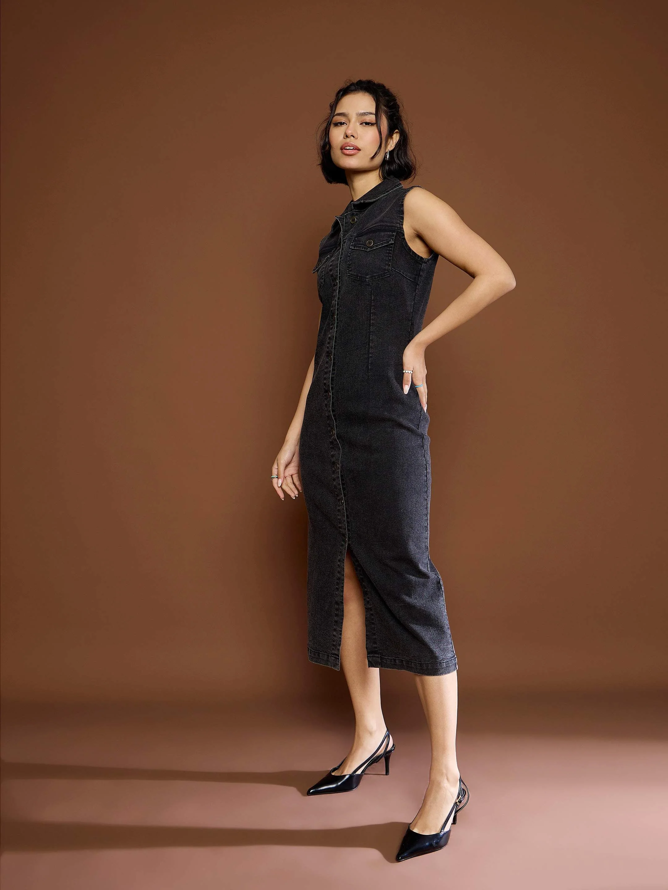 Women Black Washed Denim Front Button Midi Dress - Image 3
