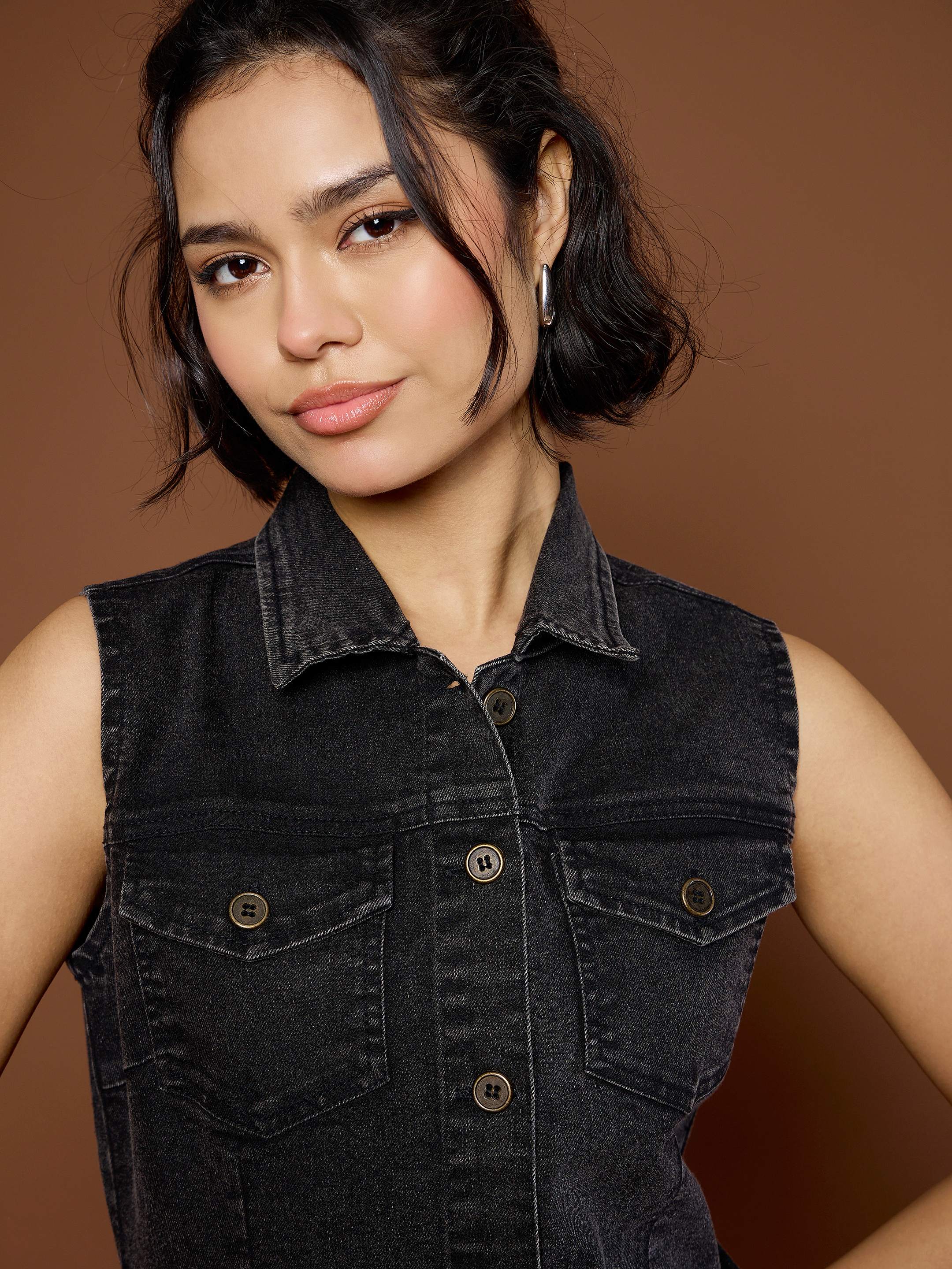 Women Black Washed Denim Front Button Midi Dress - Image 4