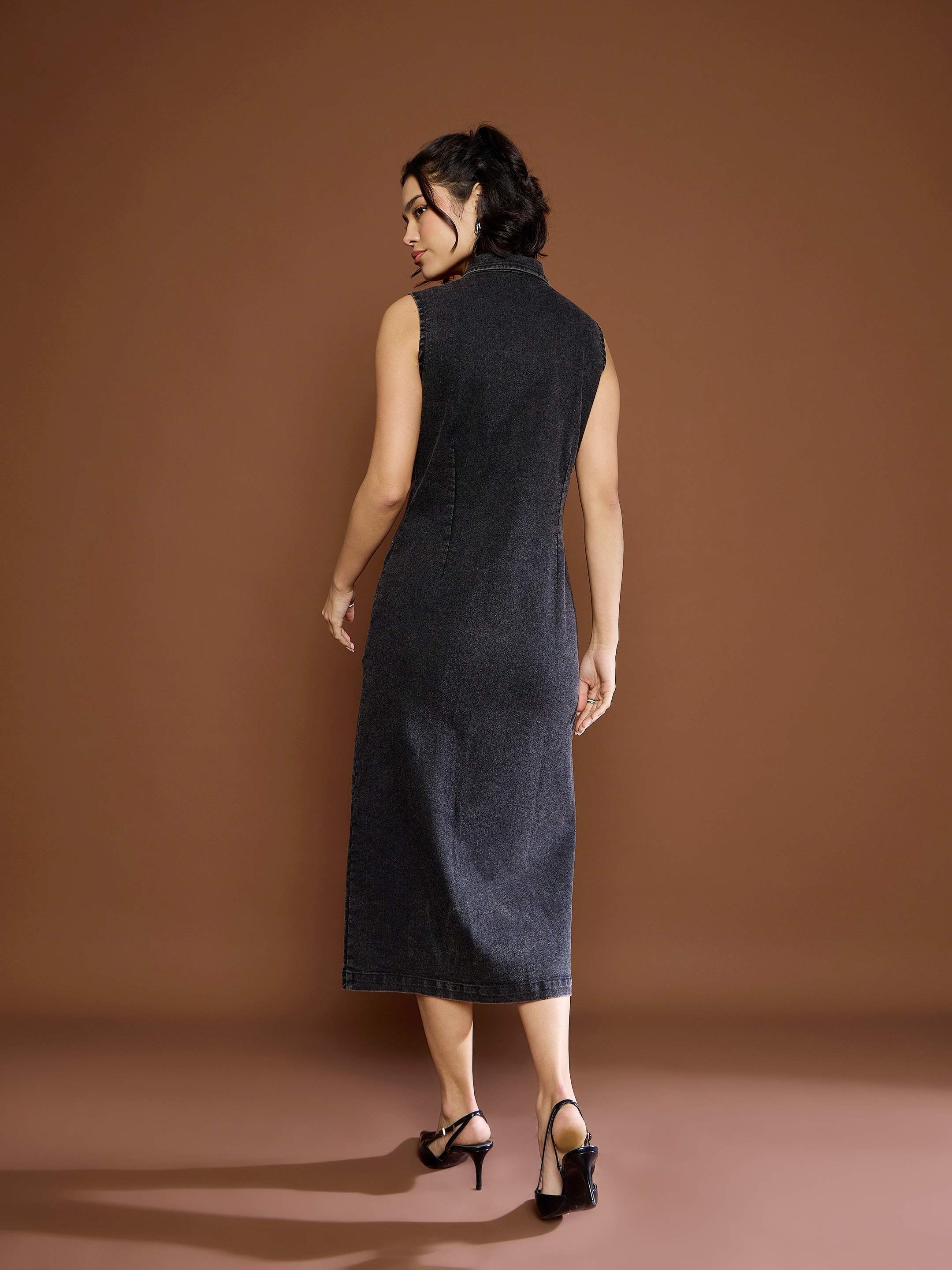 Women Black Washed Denim Front Button Midi Dress - Image 6
