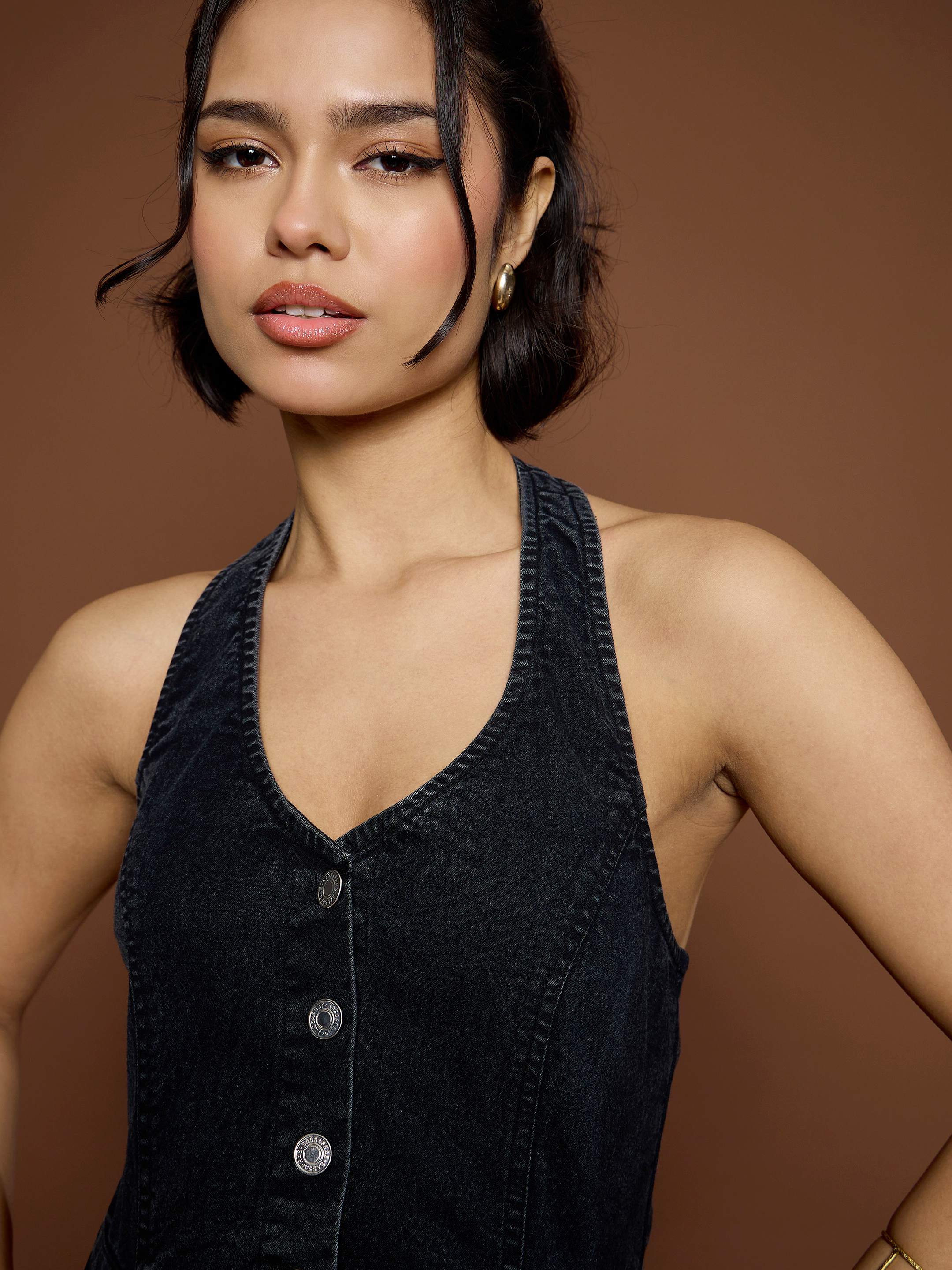 Women Black Washed Denim Halter Neck Jumpsuit - Image 4