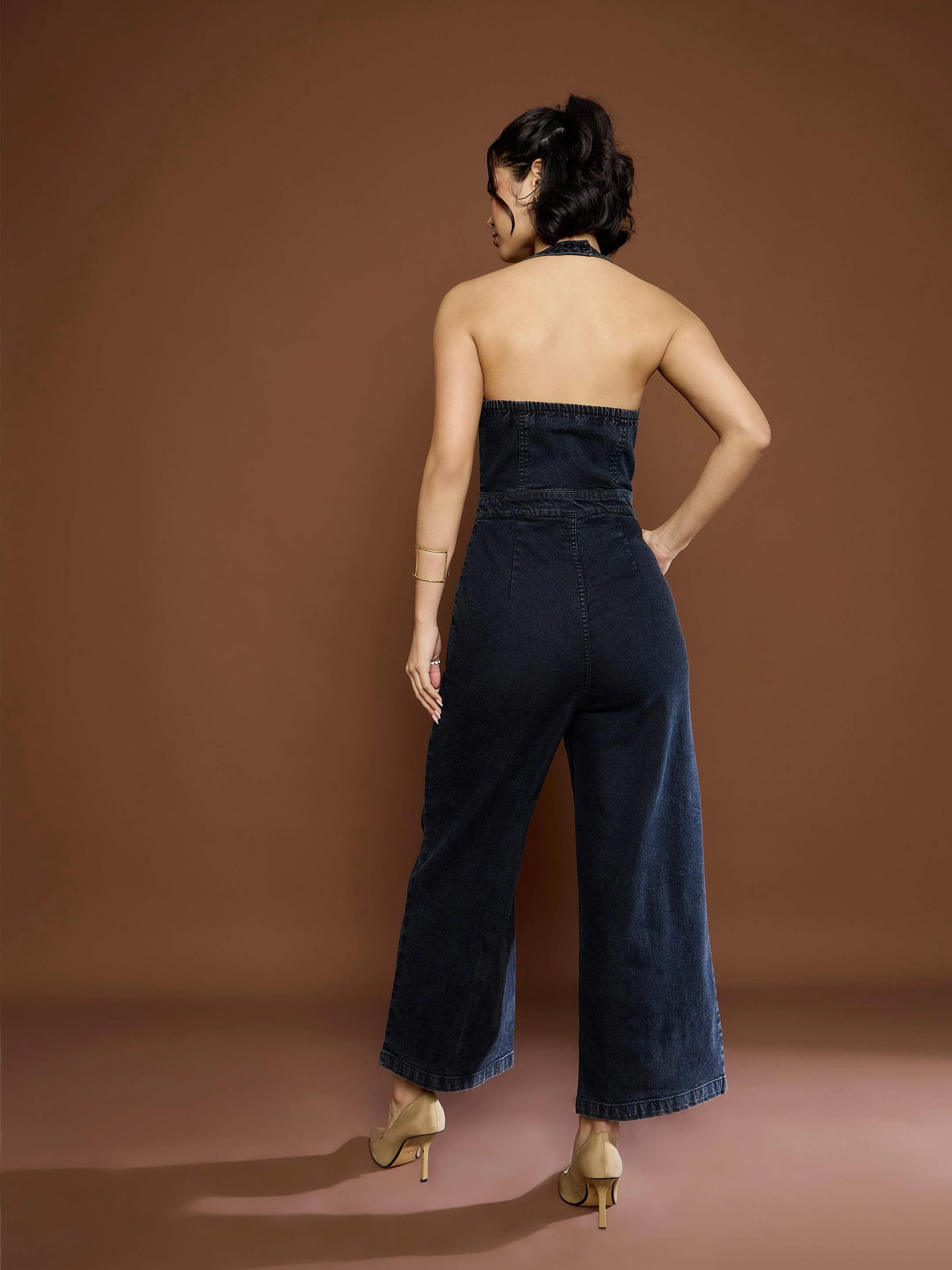 Women Black Washed Denim Halter Neck Jumpsuit - Image 5