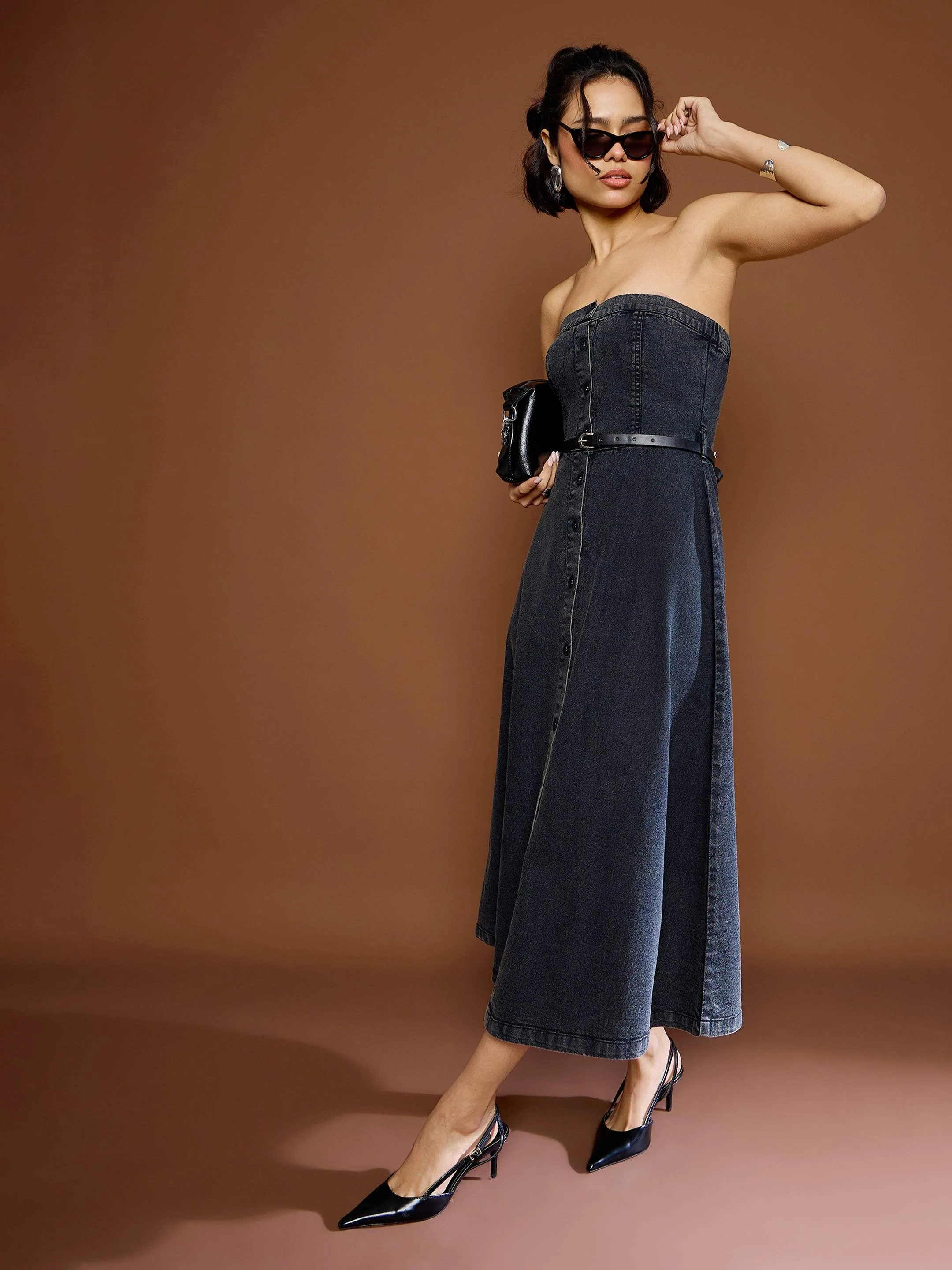 Women Black Washed Denim Off Shoulder Dress - Image 3