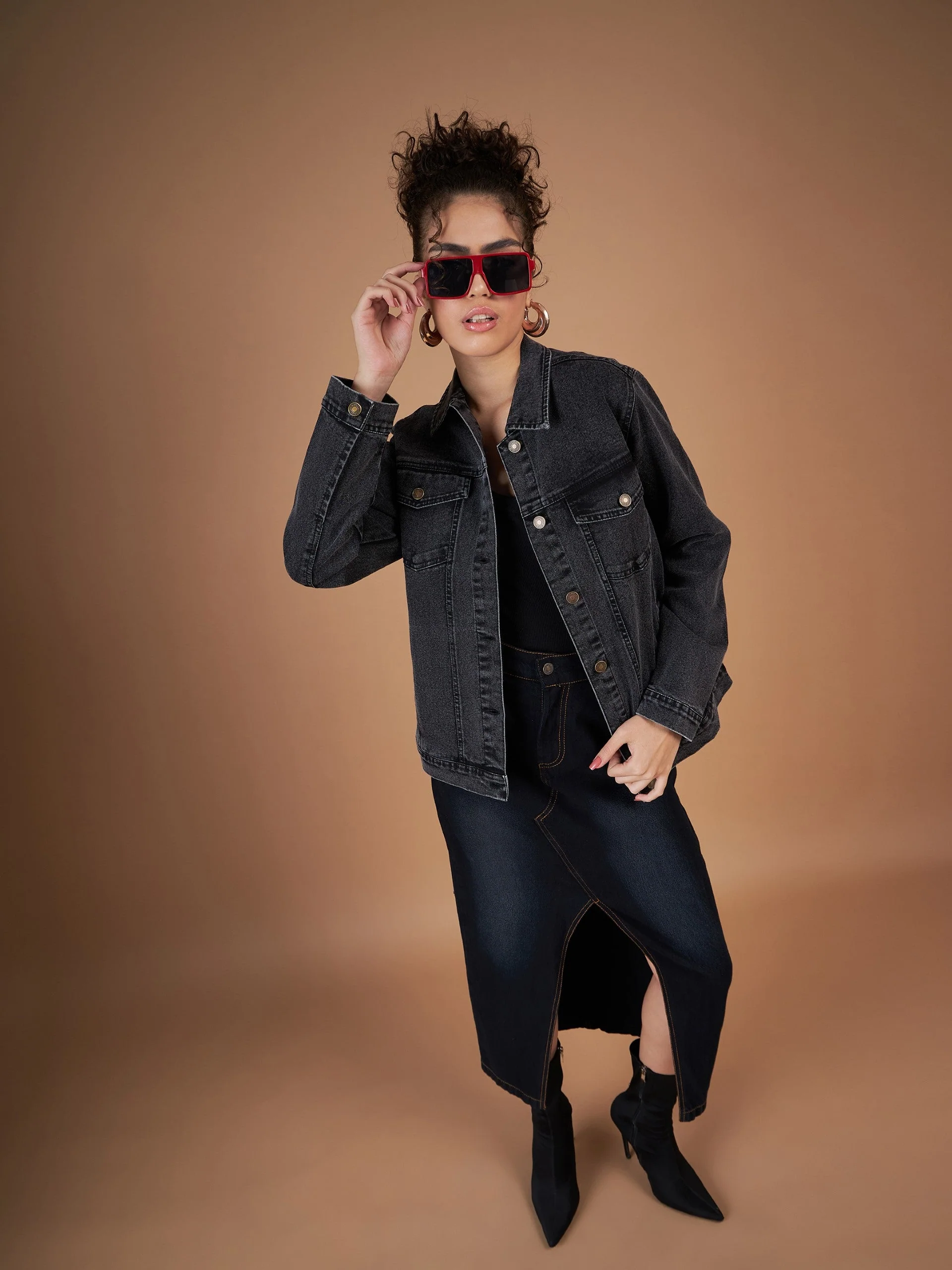 Women Black Washed Denim Oversized Jacket - Image 2