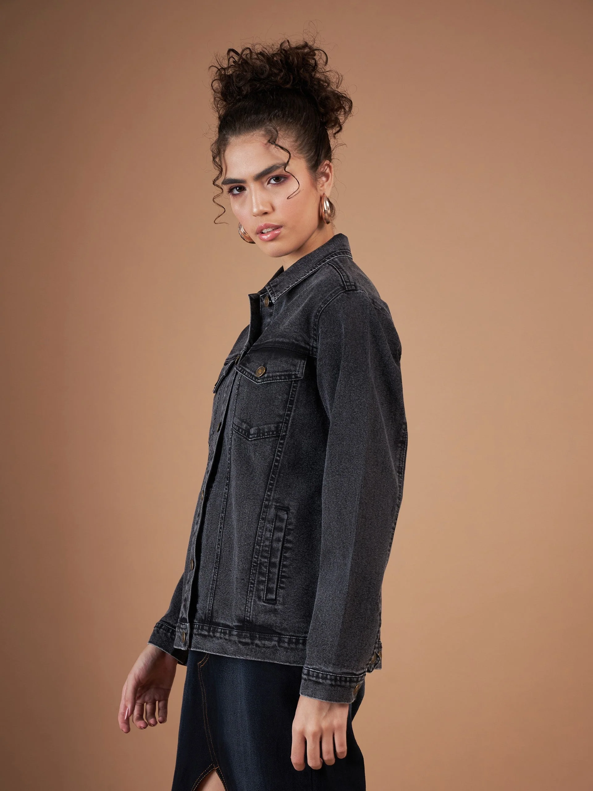 Women Black Washed Denim Oversized Jacket - Image 3