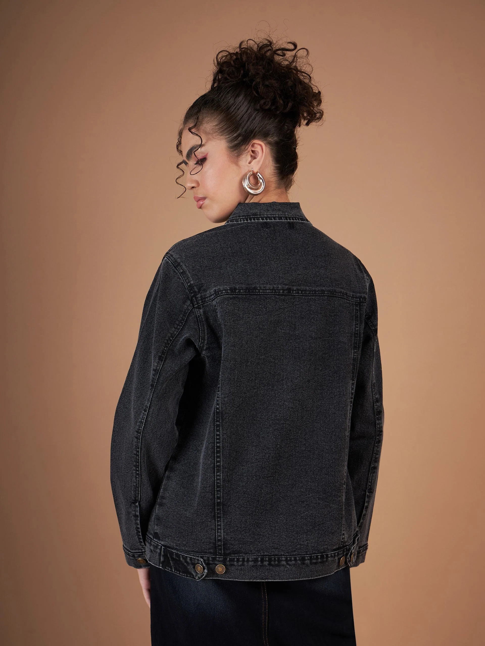 Women Black Washed Denim Oversized Jacket - Image 5
