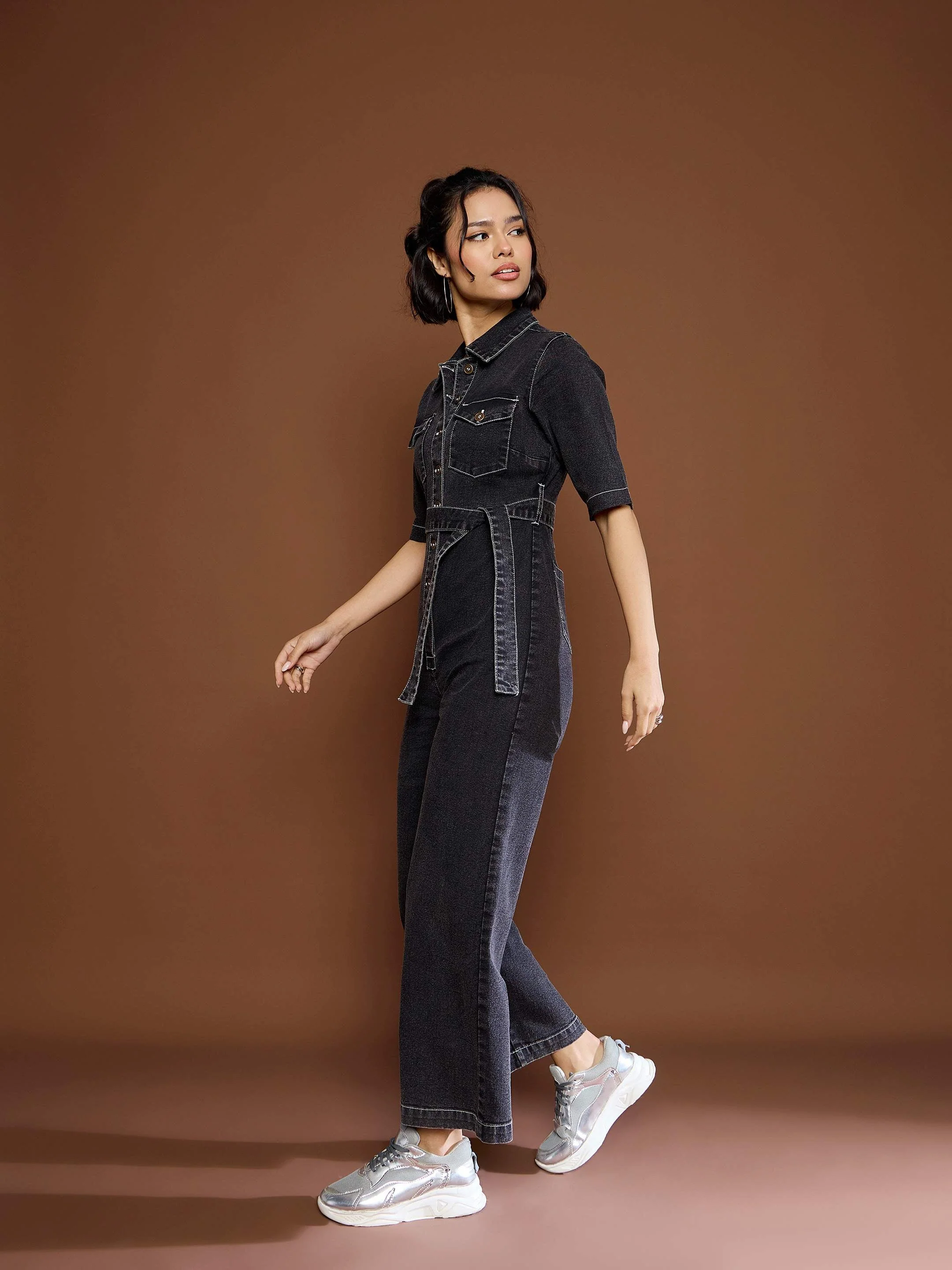 Women Black Washed Denim Short Sleeve Jumpsuit - Image 3