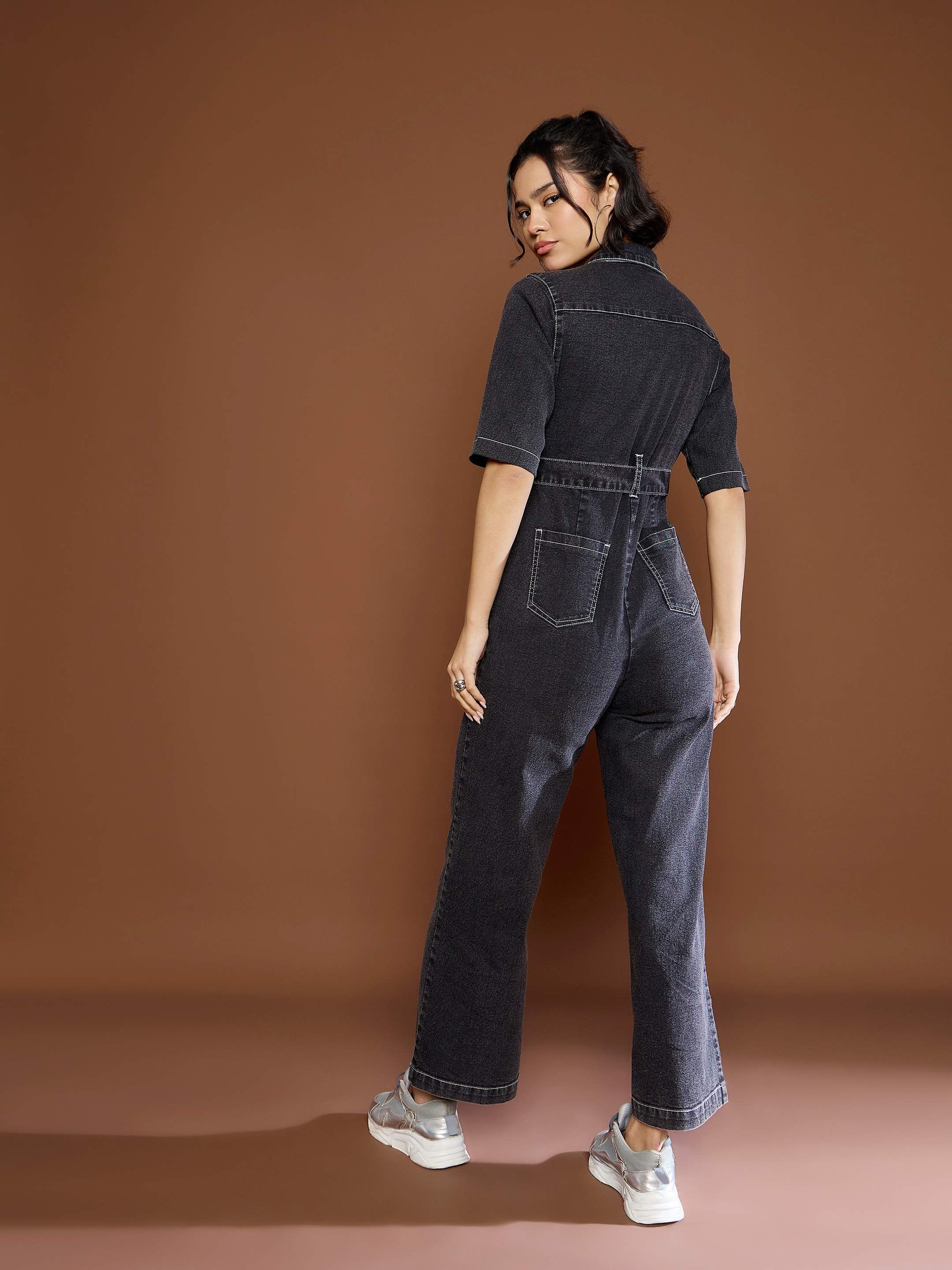 Women Black Washed Denim Short Sleeve Jumpsuit - Image 5