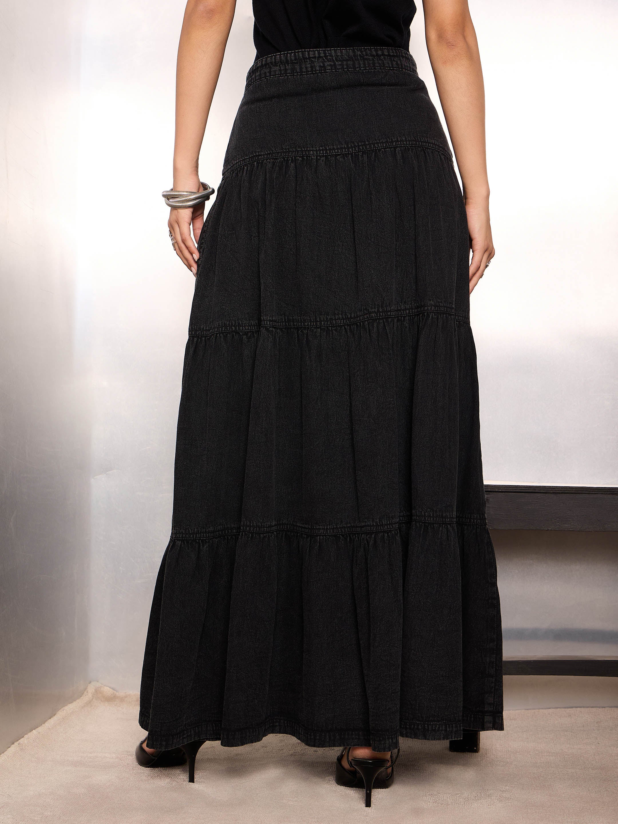 Women Black Washed Denim Tiered Maxi Skirt - Image 5