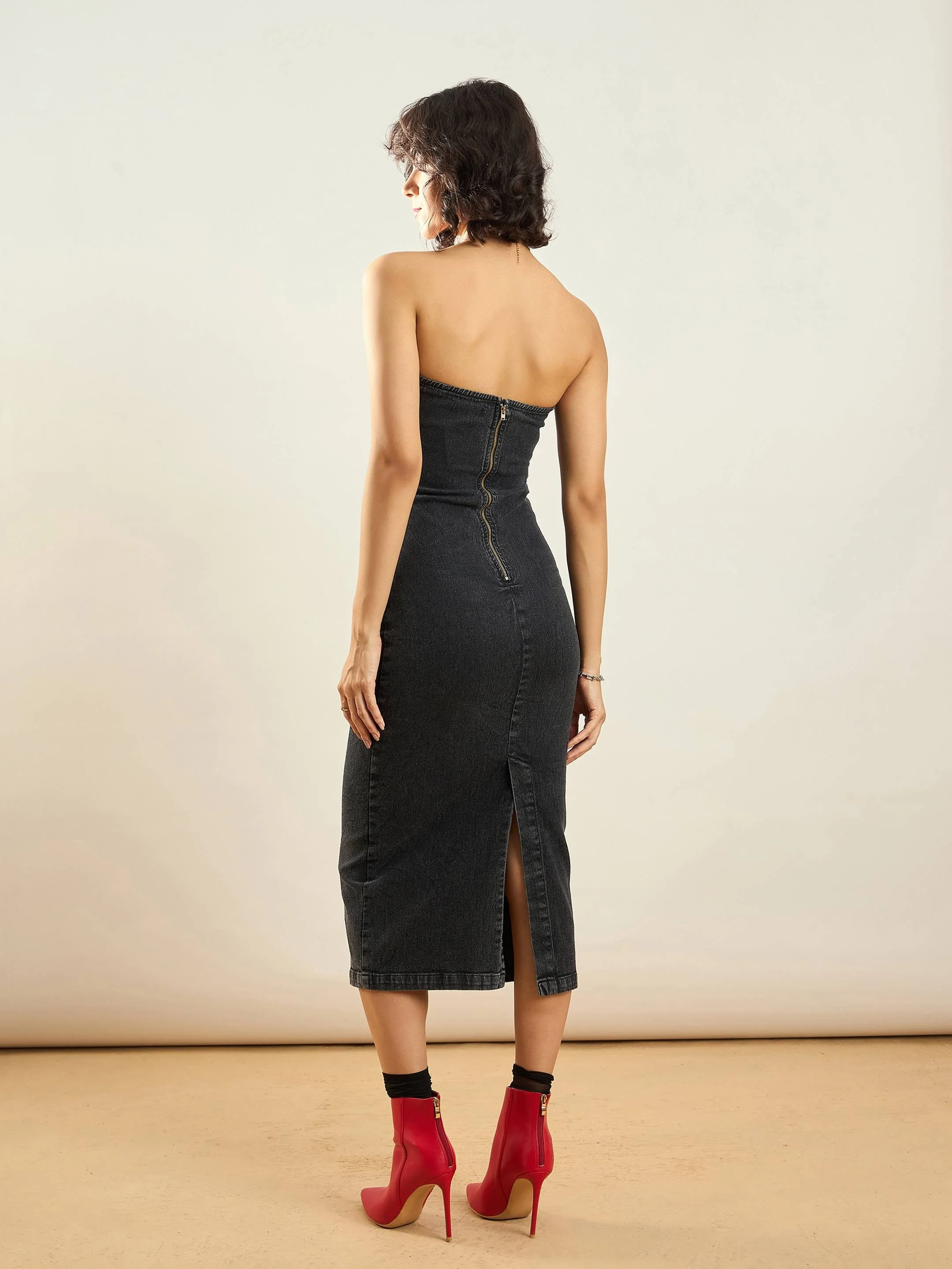 Women Black Washed Denim Tube Dress - Image 2