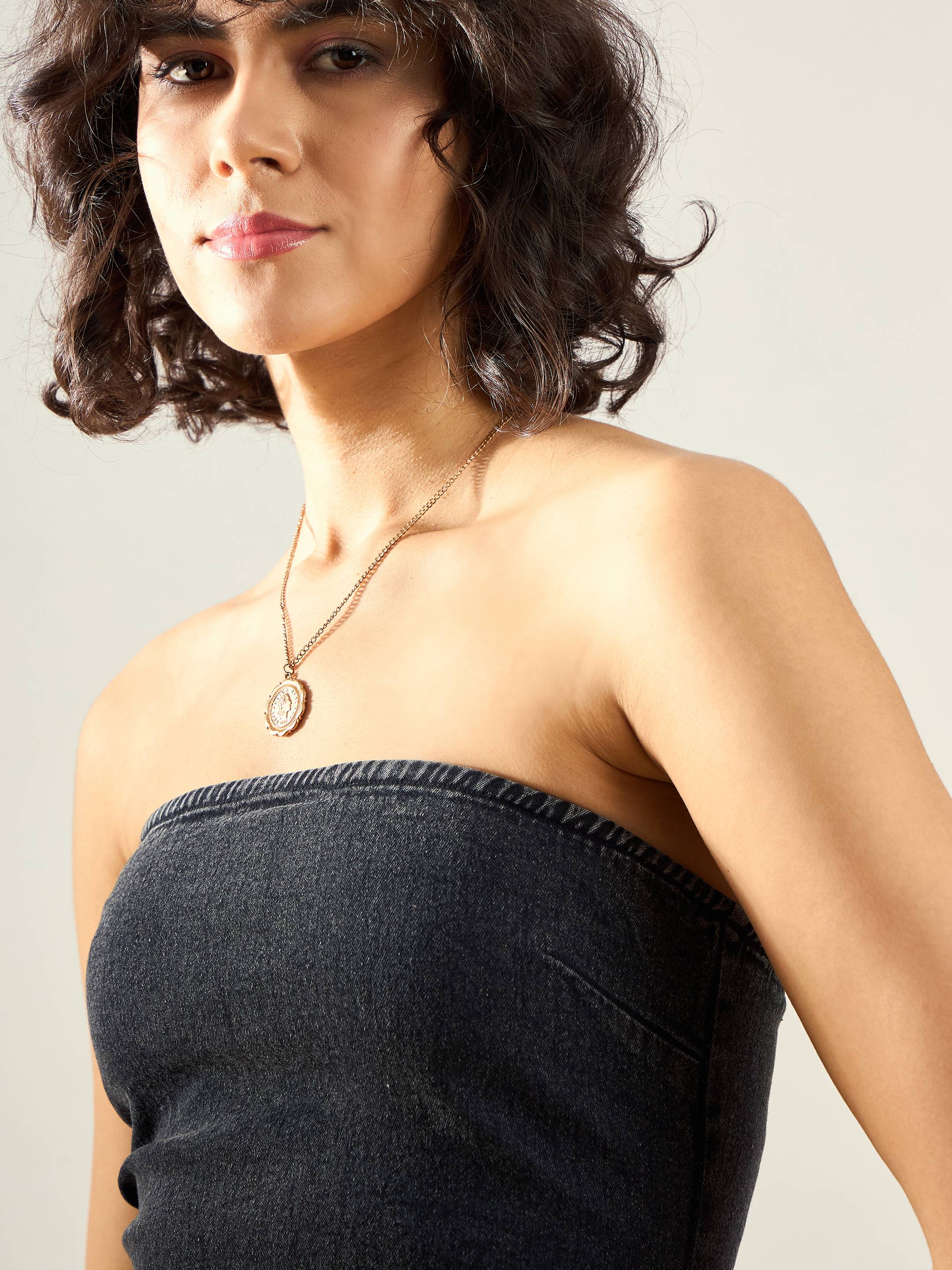Women Black Washed Denim Tube Dress - Image 3