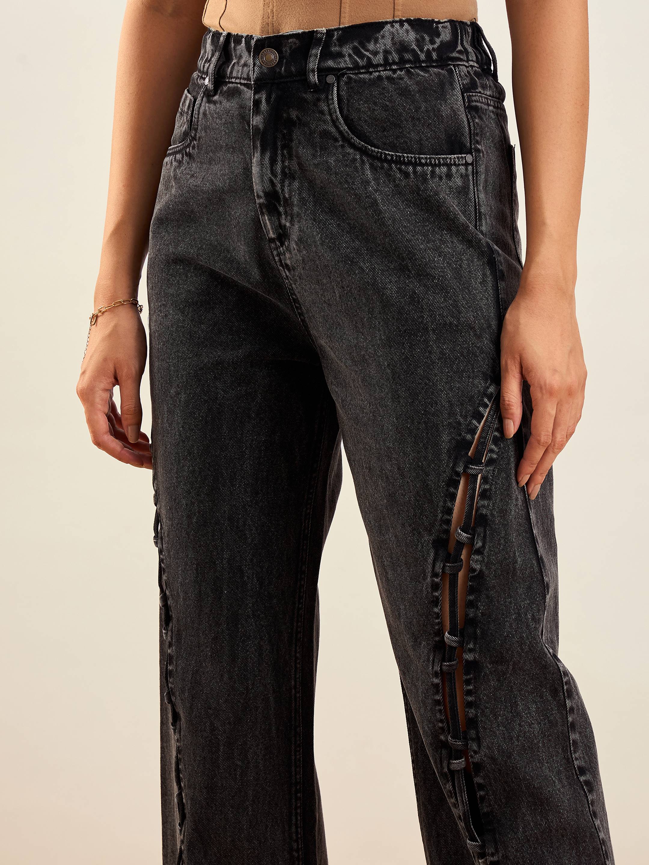 Women Black Washed Dori Insert Detail Straight Fit Jeans - Image 4