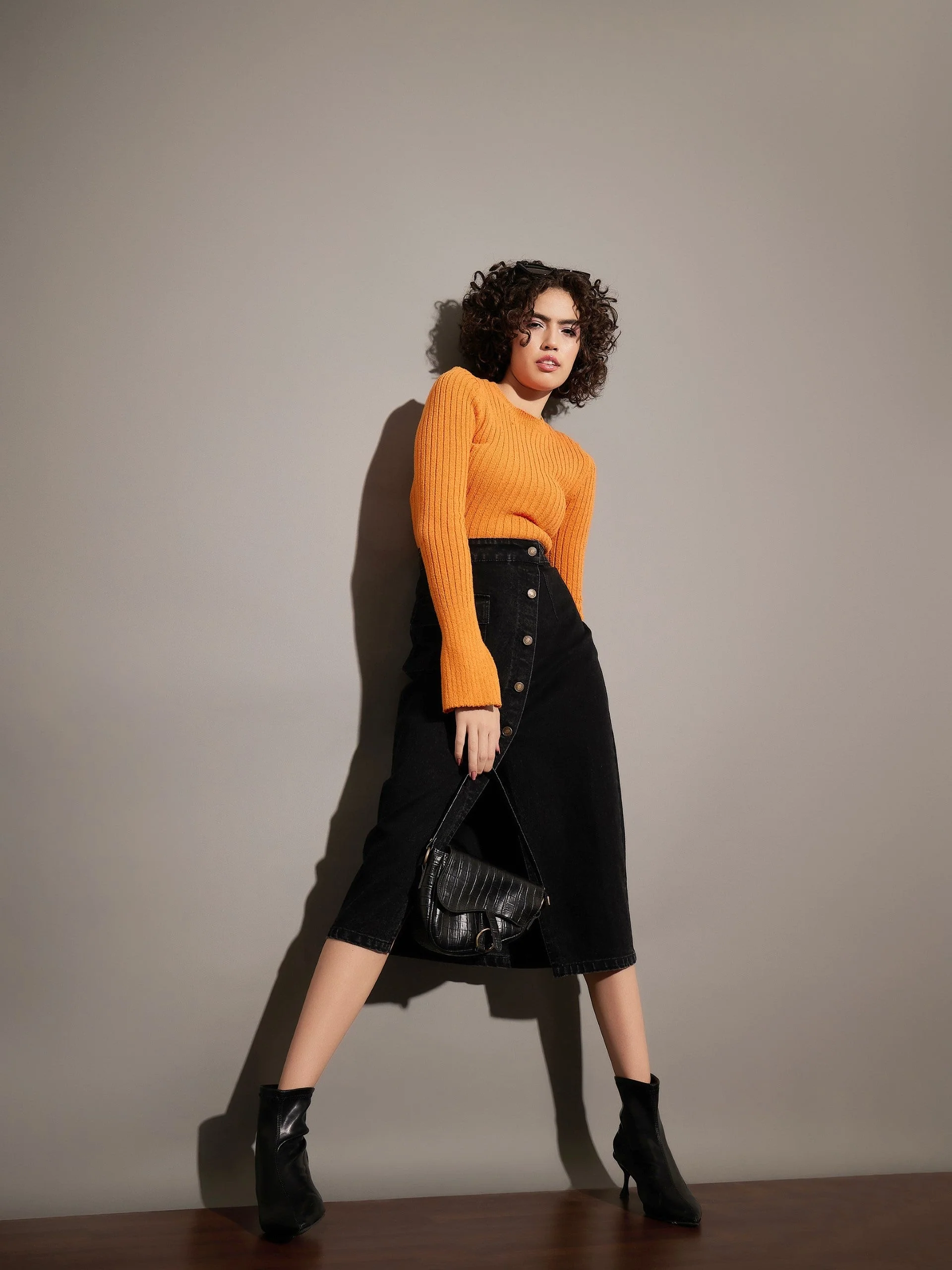 Women Black Washed Front Button Wrap Skirt - Image 2