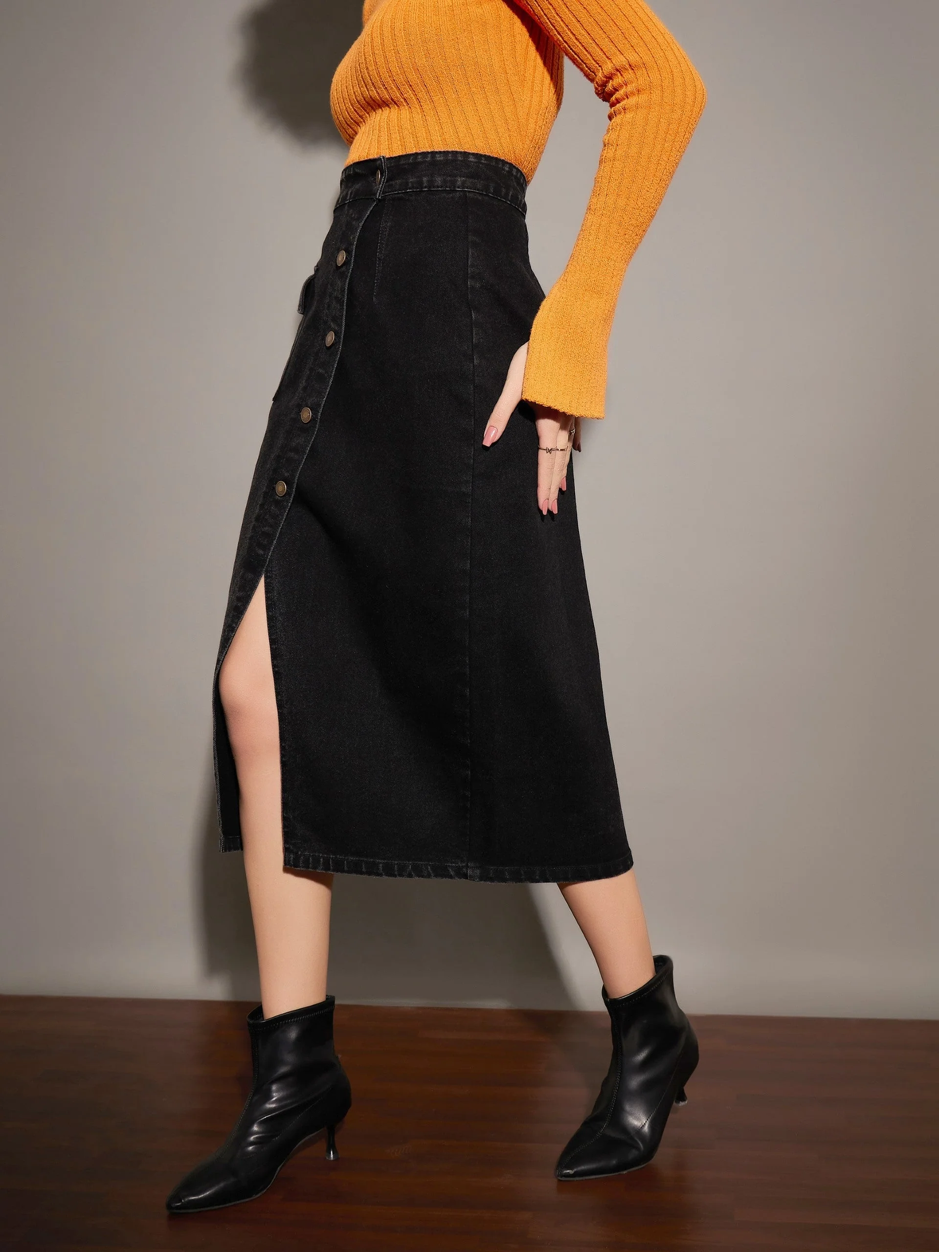 Women Black Washed Front Button Wrap Skirt - Image 3