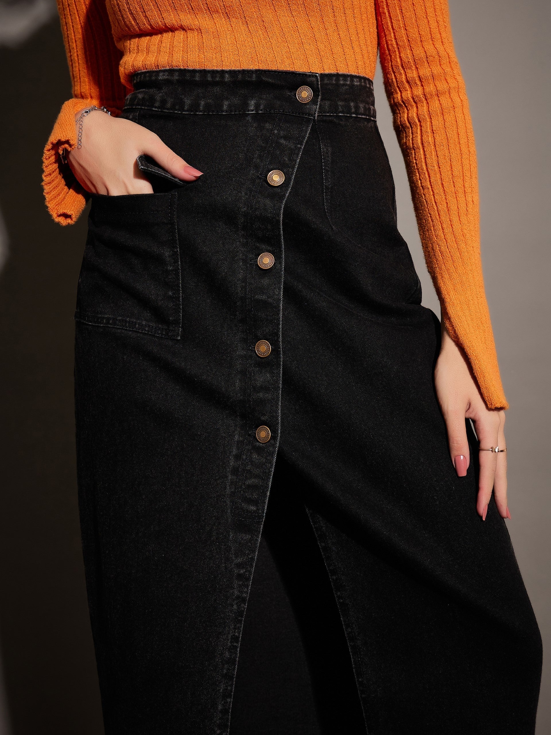 Women Black Washed Front Button Wrap Skirt - Image 4