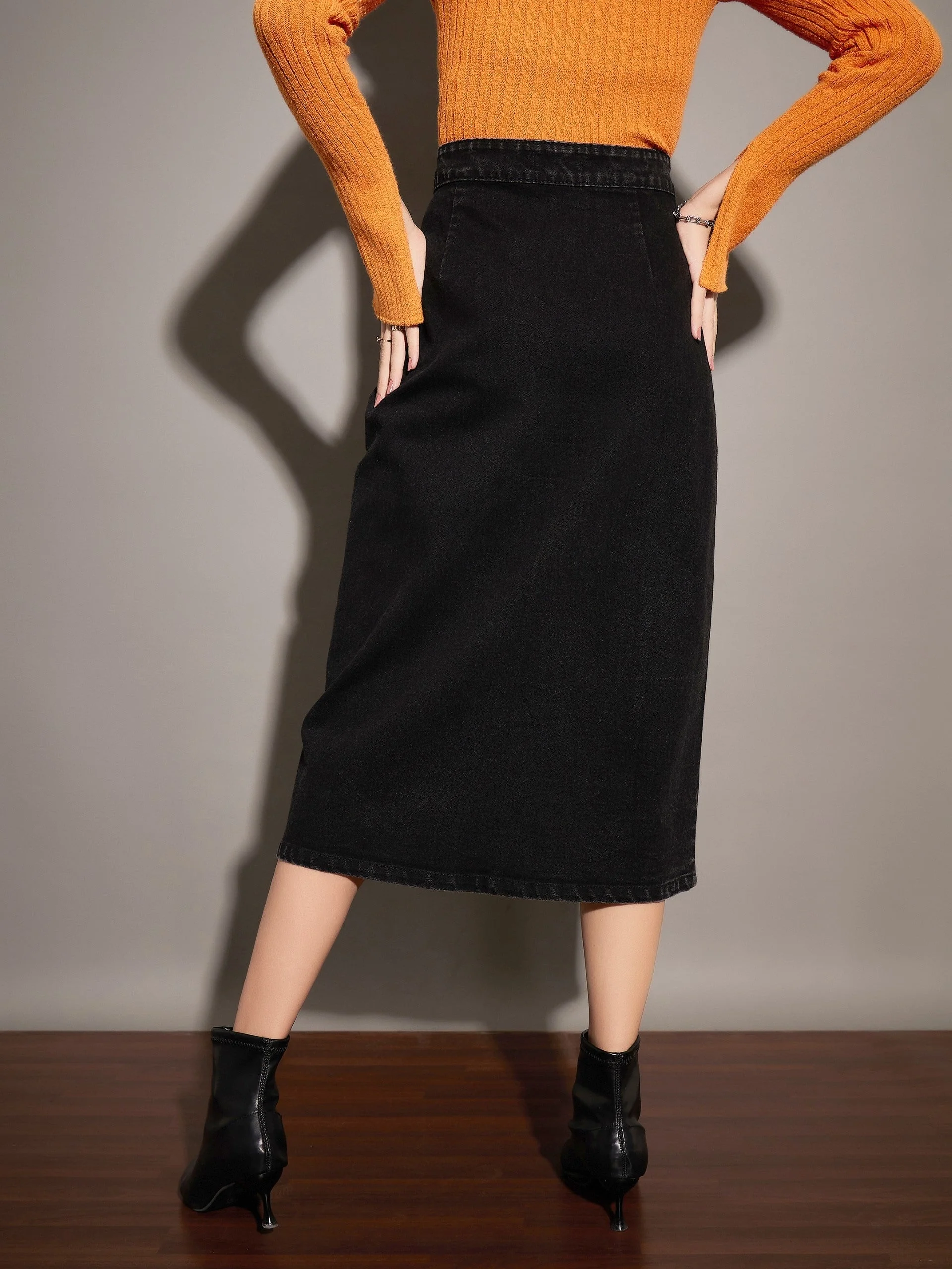 Women Black Washed Front Button Wrap Skirt - Image 5