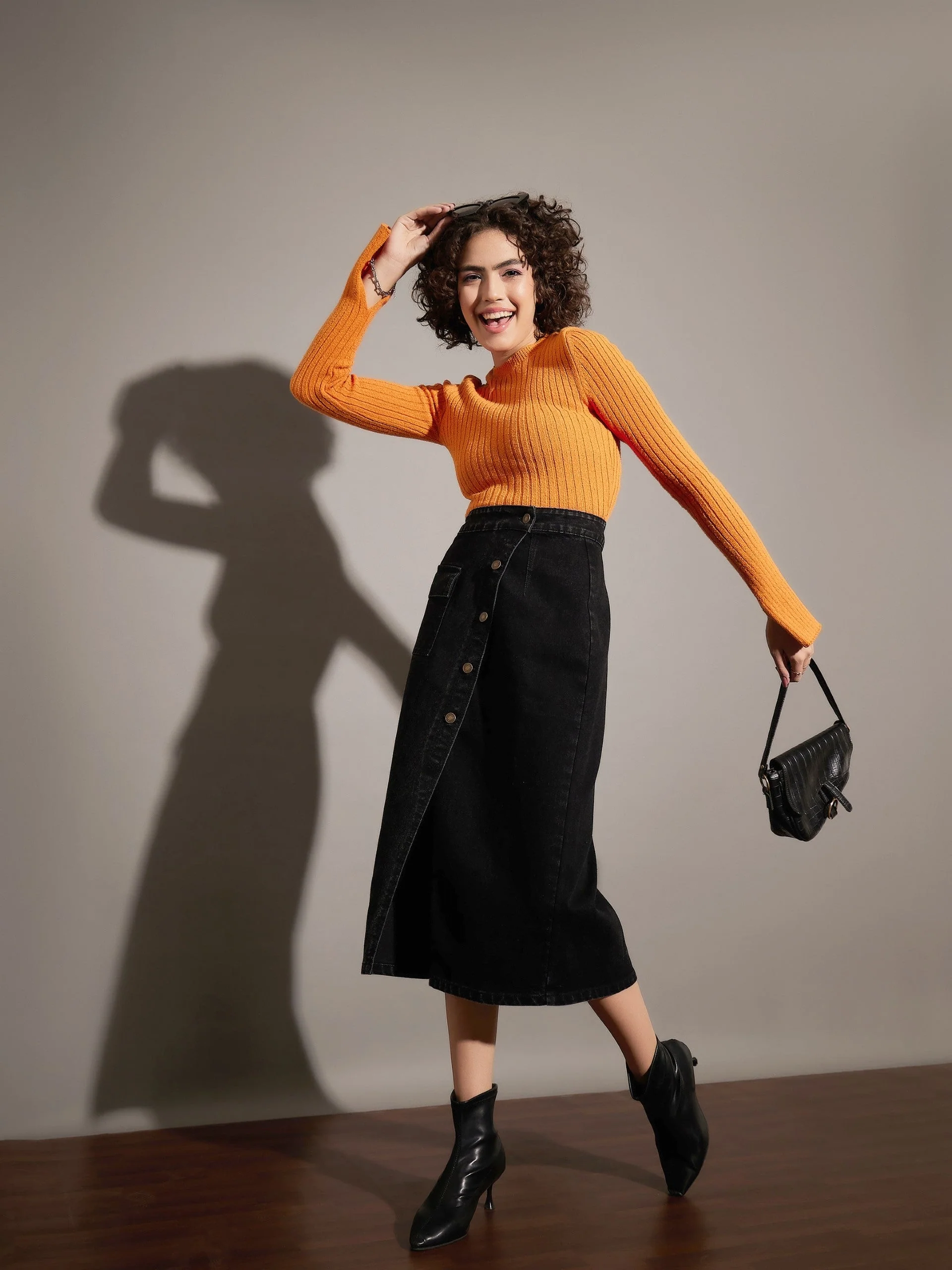 Women Black Washed Front Button Wrap Skirt - Image 6