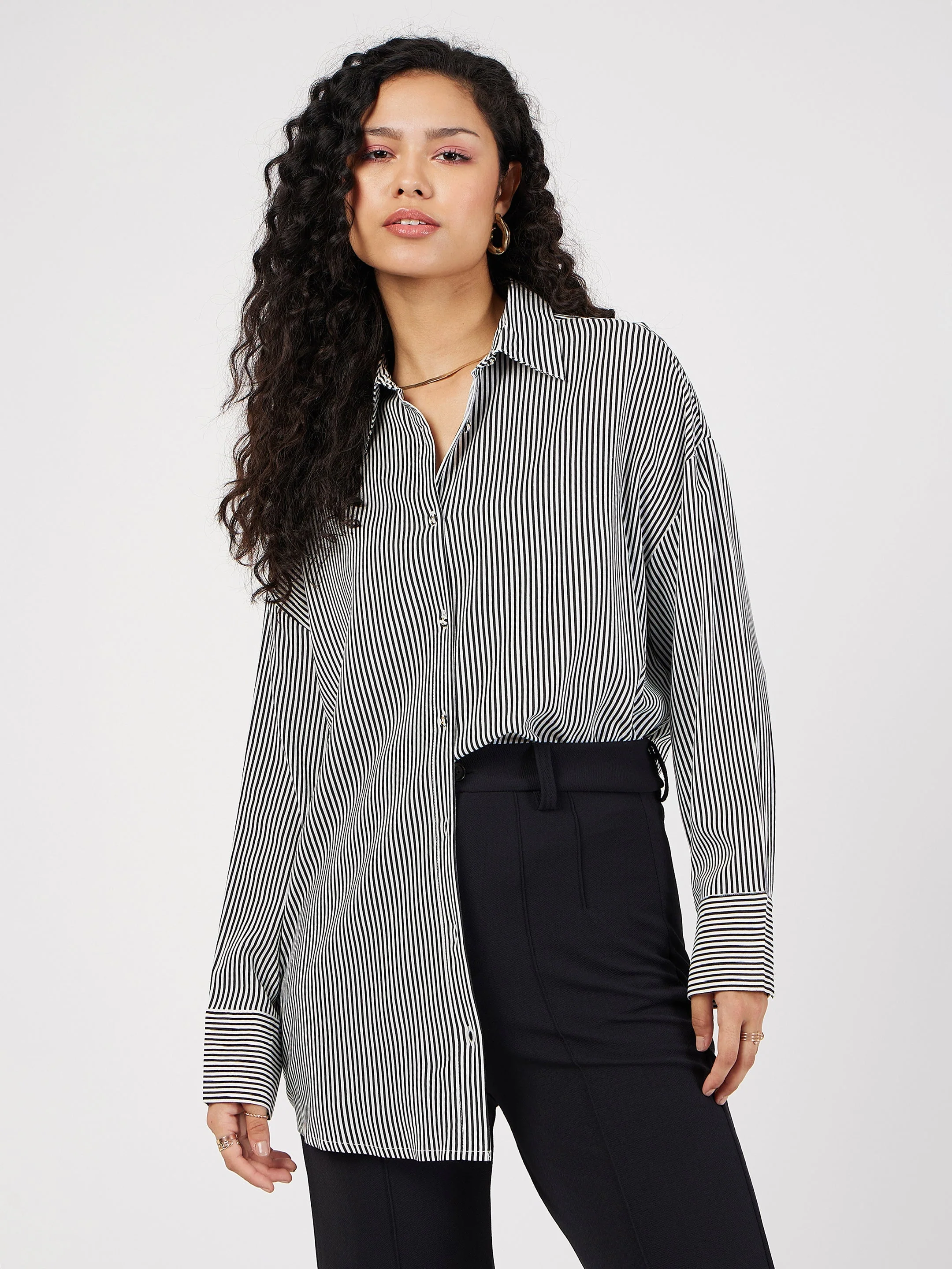 Women Black & White Pinstriped Oversized Shirt