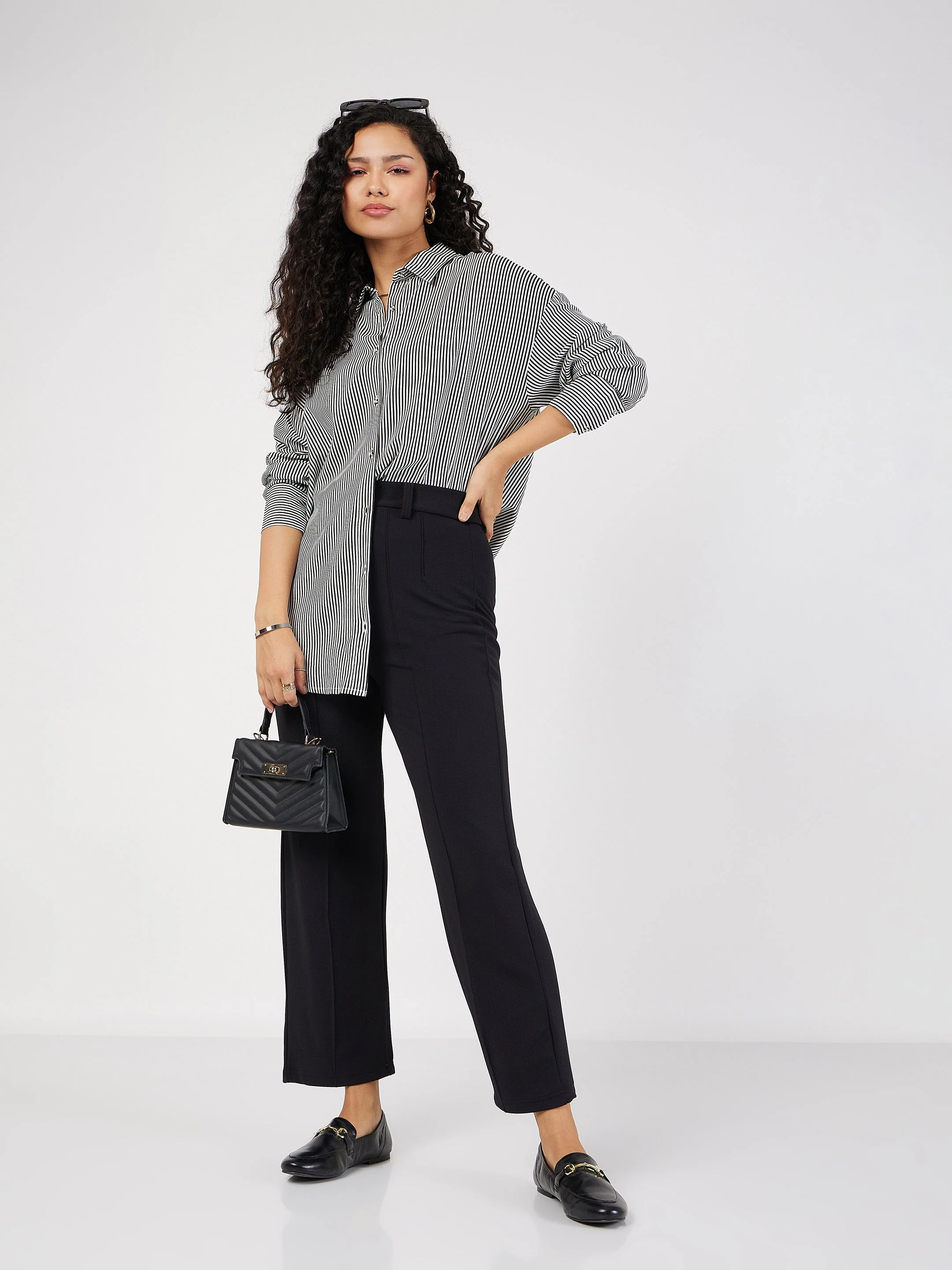 Women Black & White Pinstriped Oversized Shirt - Image 2