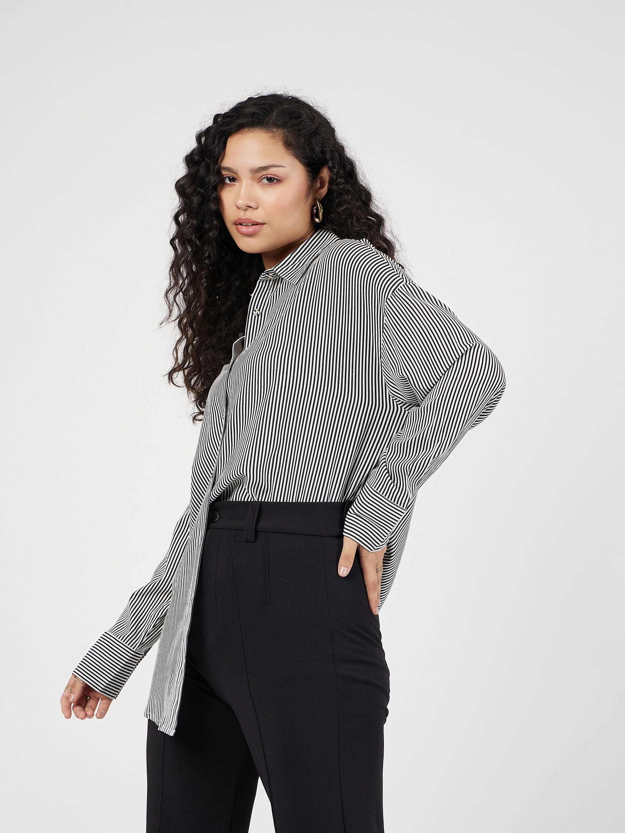 Women Black & White Pinstriped Oversized Shirt - Image 3
