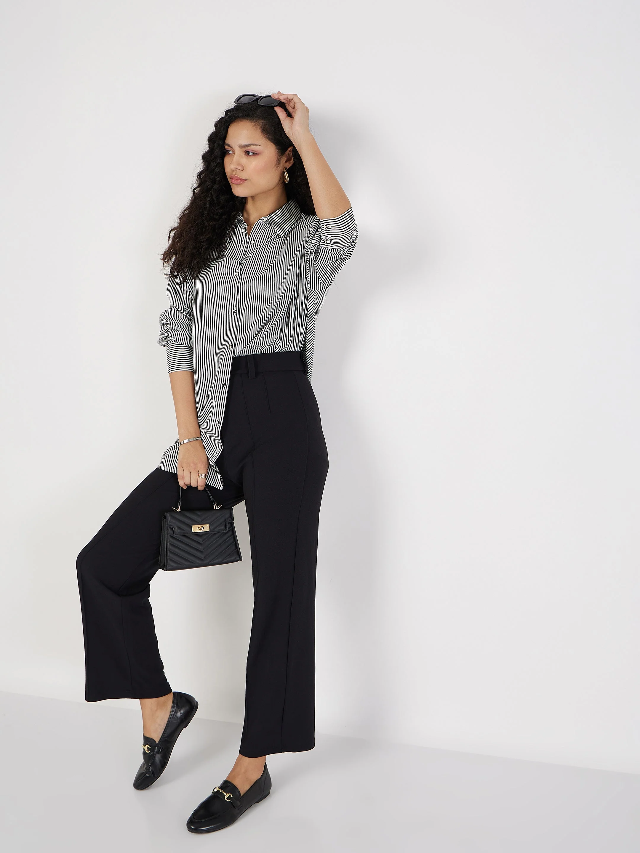 Women Black & White Pinstriped Oversized Shirt - Image 6