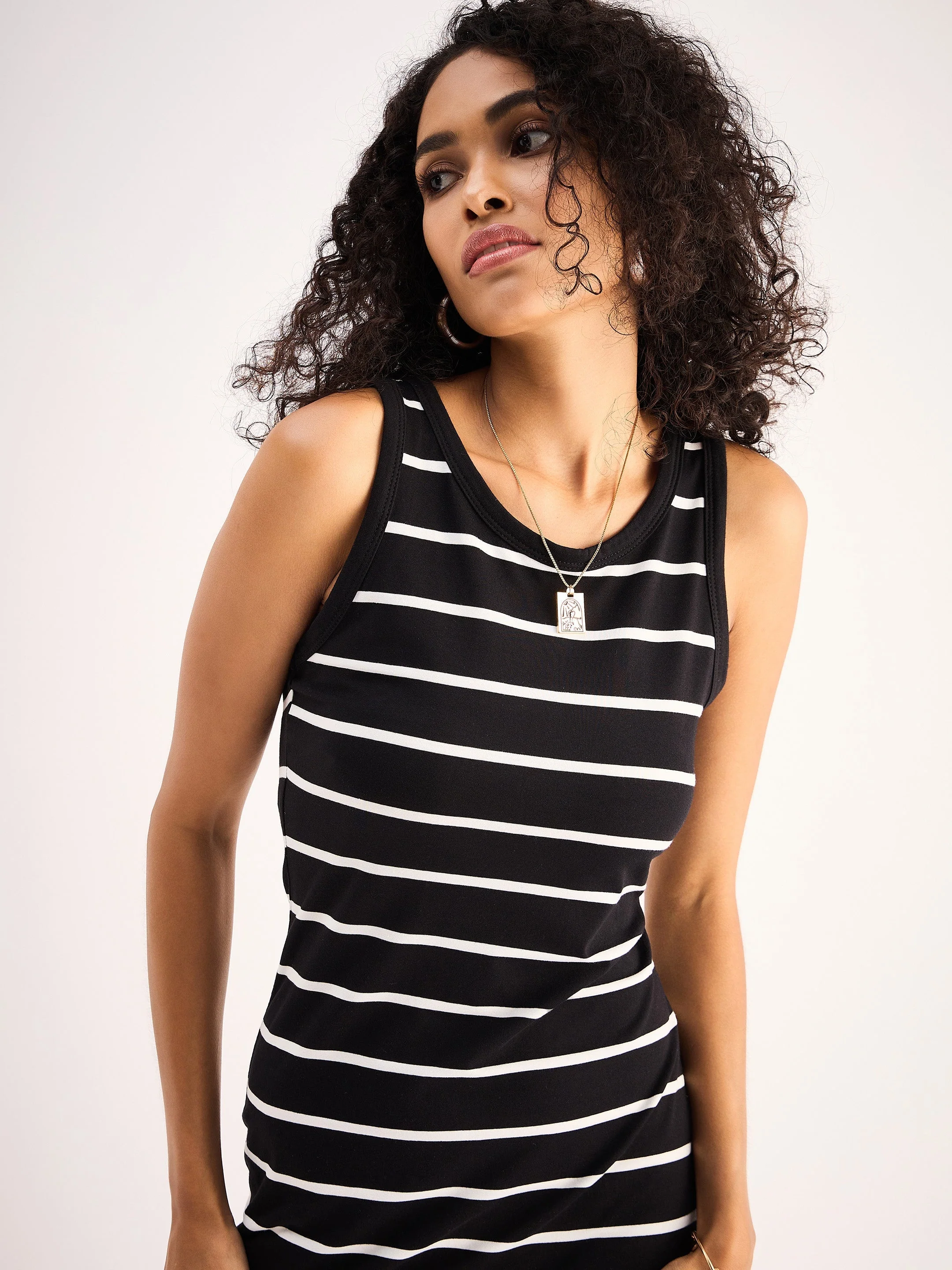Women Black White Stripe Midi Dress - Image 3