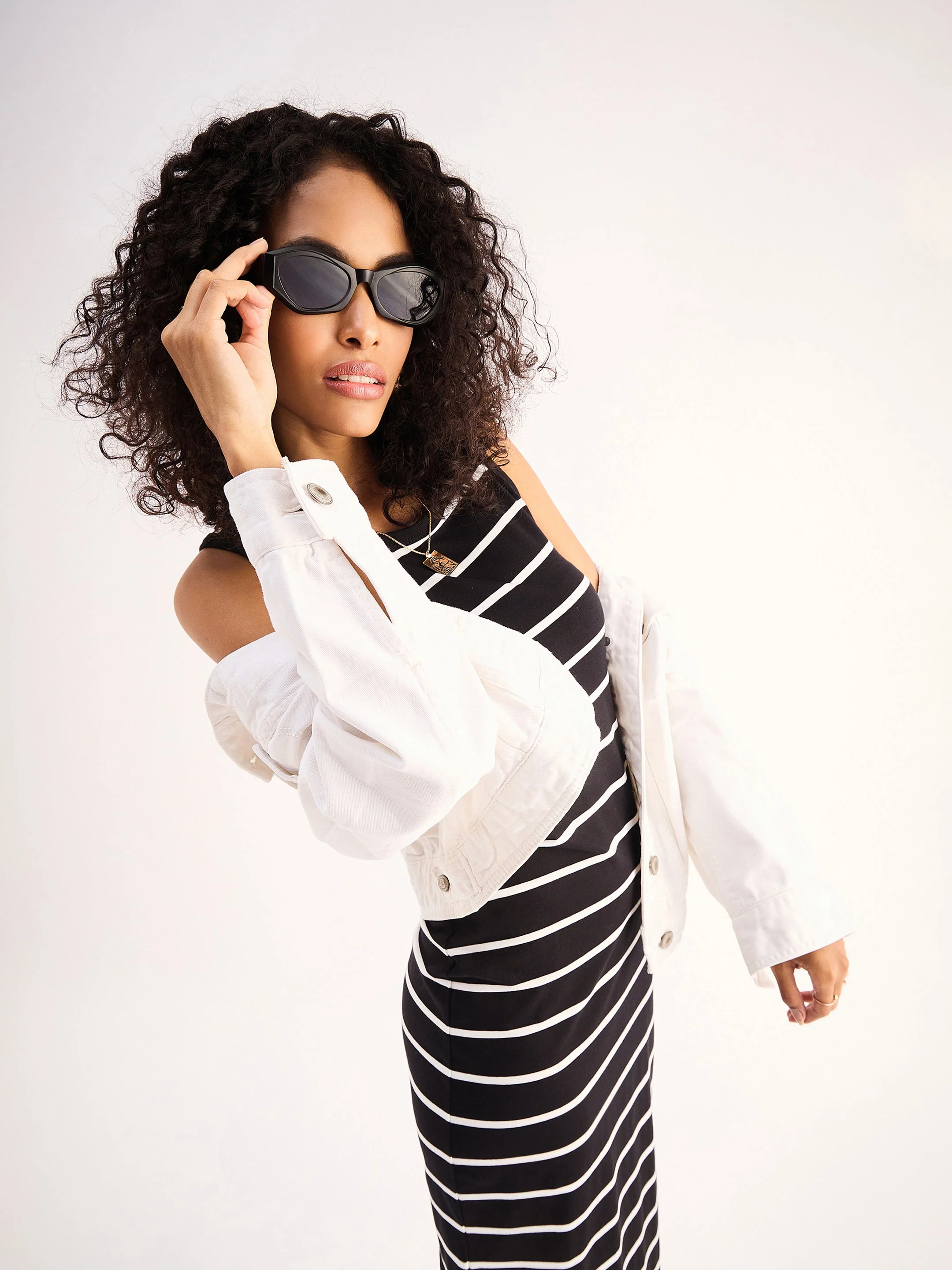 Women Black White Stripe Midi Dress - Image 4