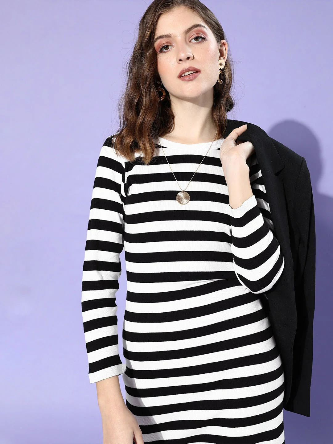 Women Black & White Stripe Rib Bodycon Dress - Image 2