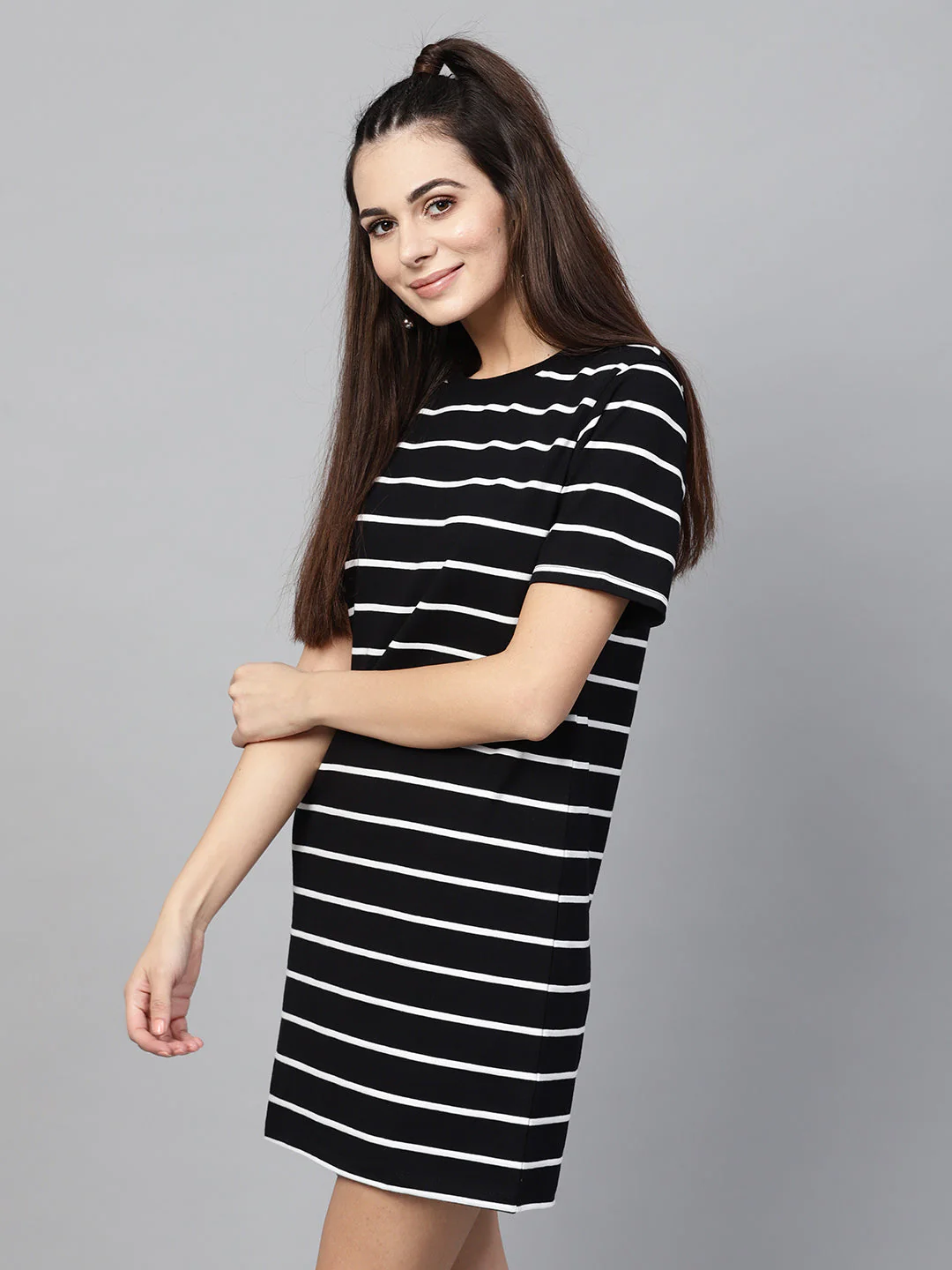 Women Black White Stripe Shift Dress - Image 2