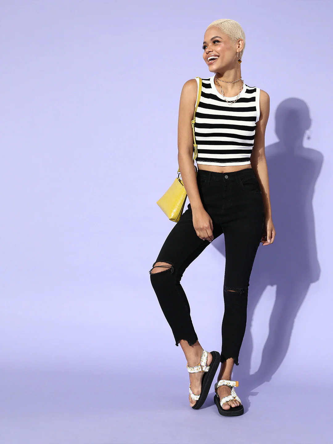 Women Black & White Stripe Sleeveless Rib Crop Top - Image 2