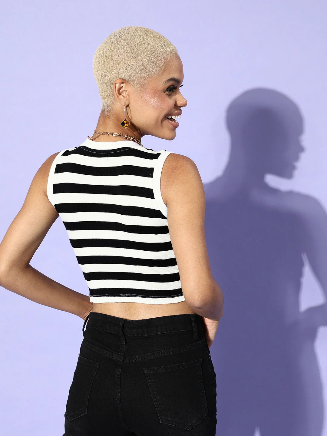 Women Black & White Stripe Sleeveless Rib Crop Top - Image 4