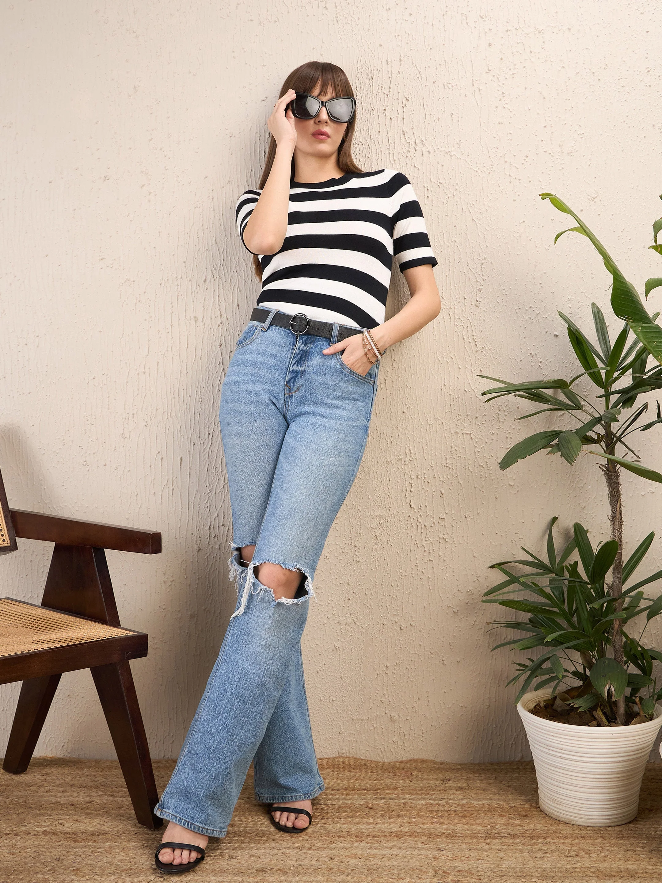 Women Black & White Striped Acrylic Top - Image 2