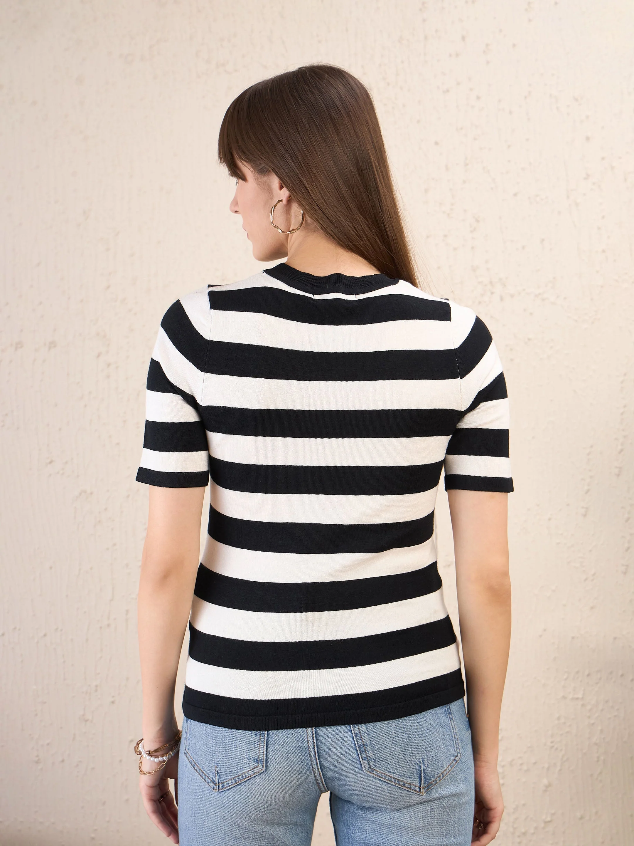 Women Black & White Striped Acrylic Top - Image 3