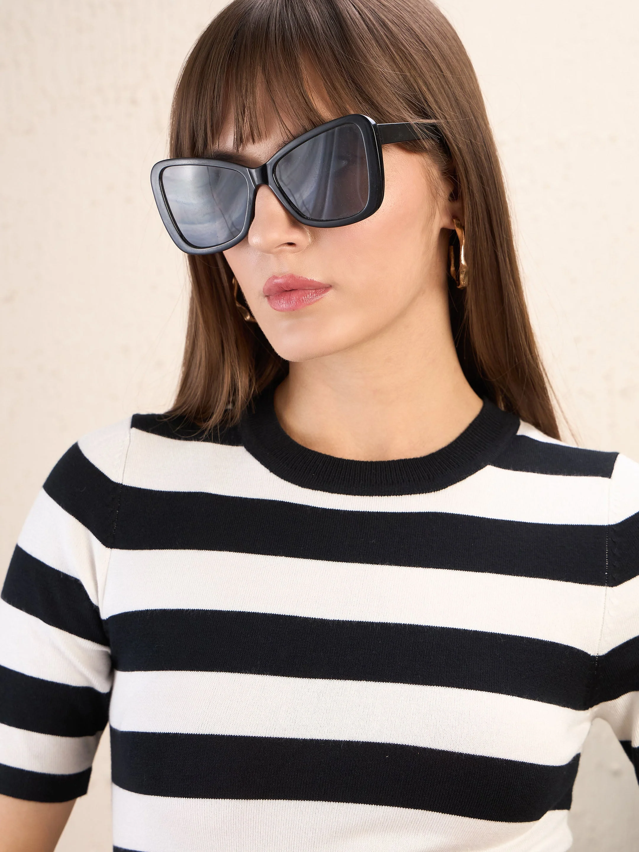 Women Black & White Striped Acrylic Top - Image 4