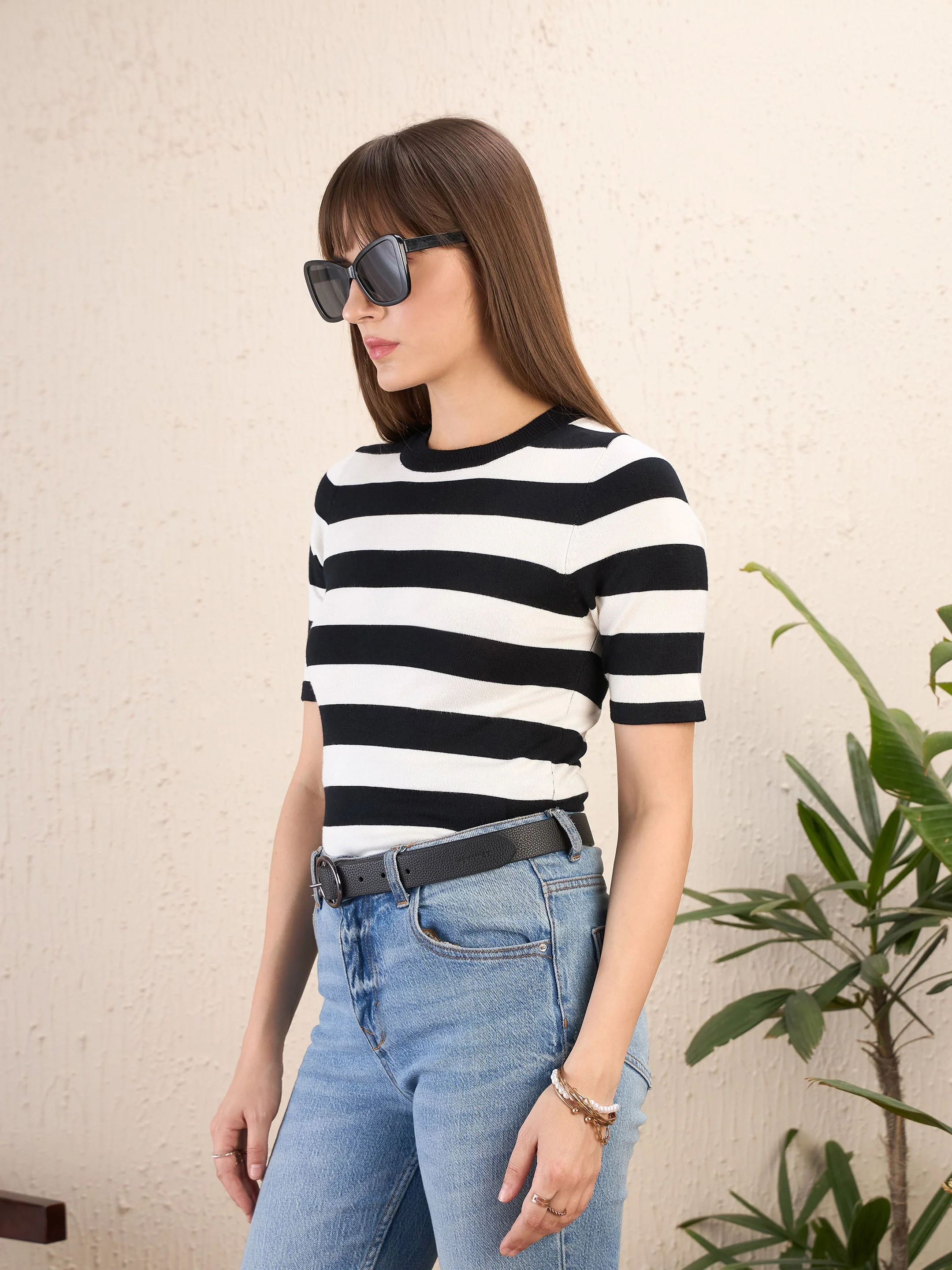 Women Black & White Striped Acrylic Top - Image 5