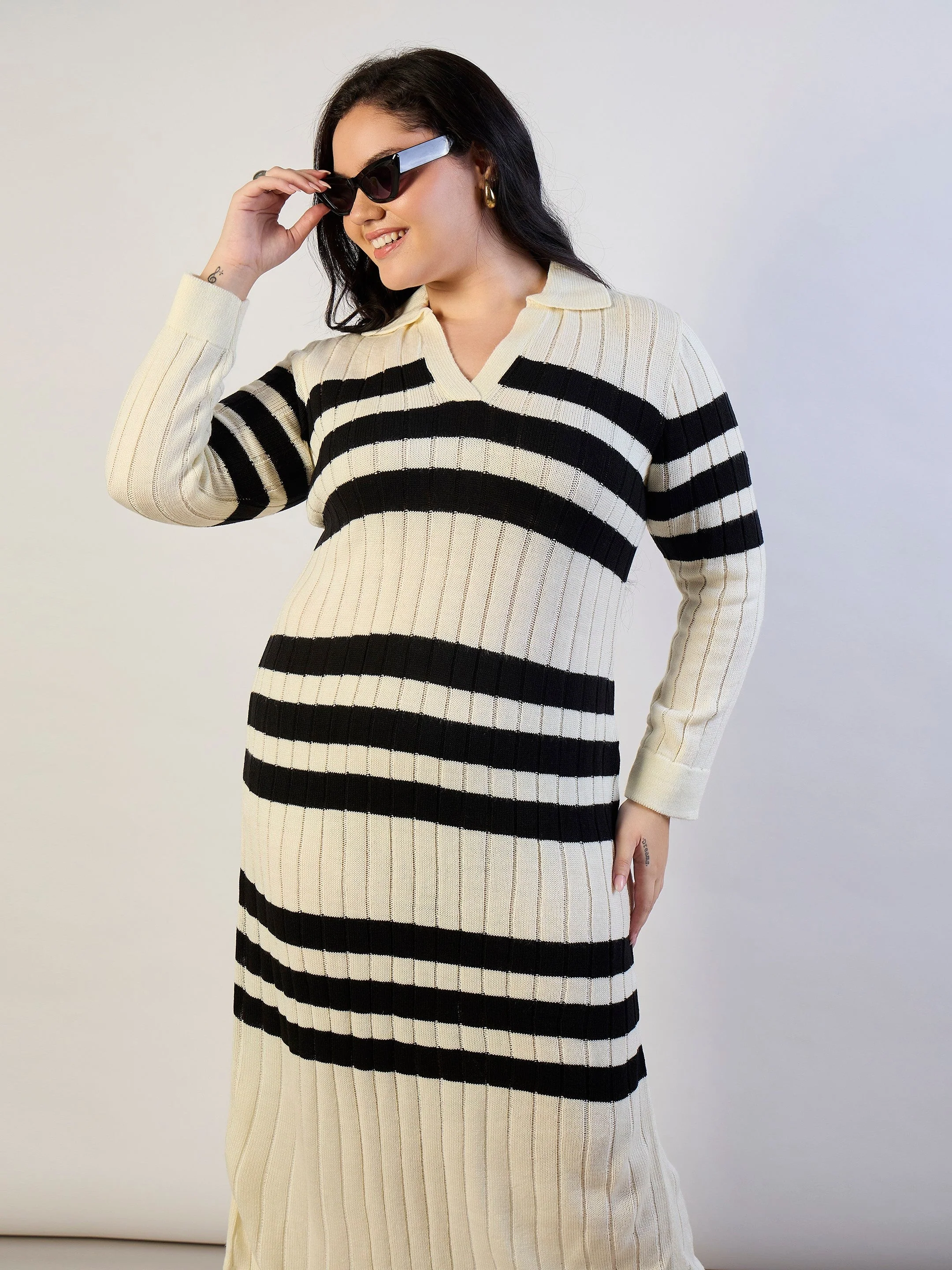 Women Black & White Striped Acrylic Wool Collar Midi Dress - Image 2