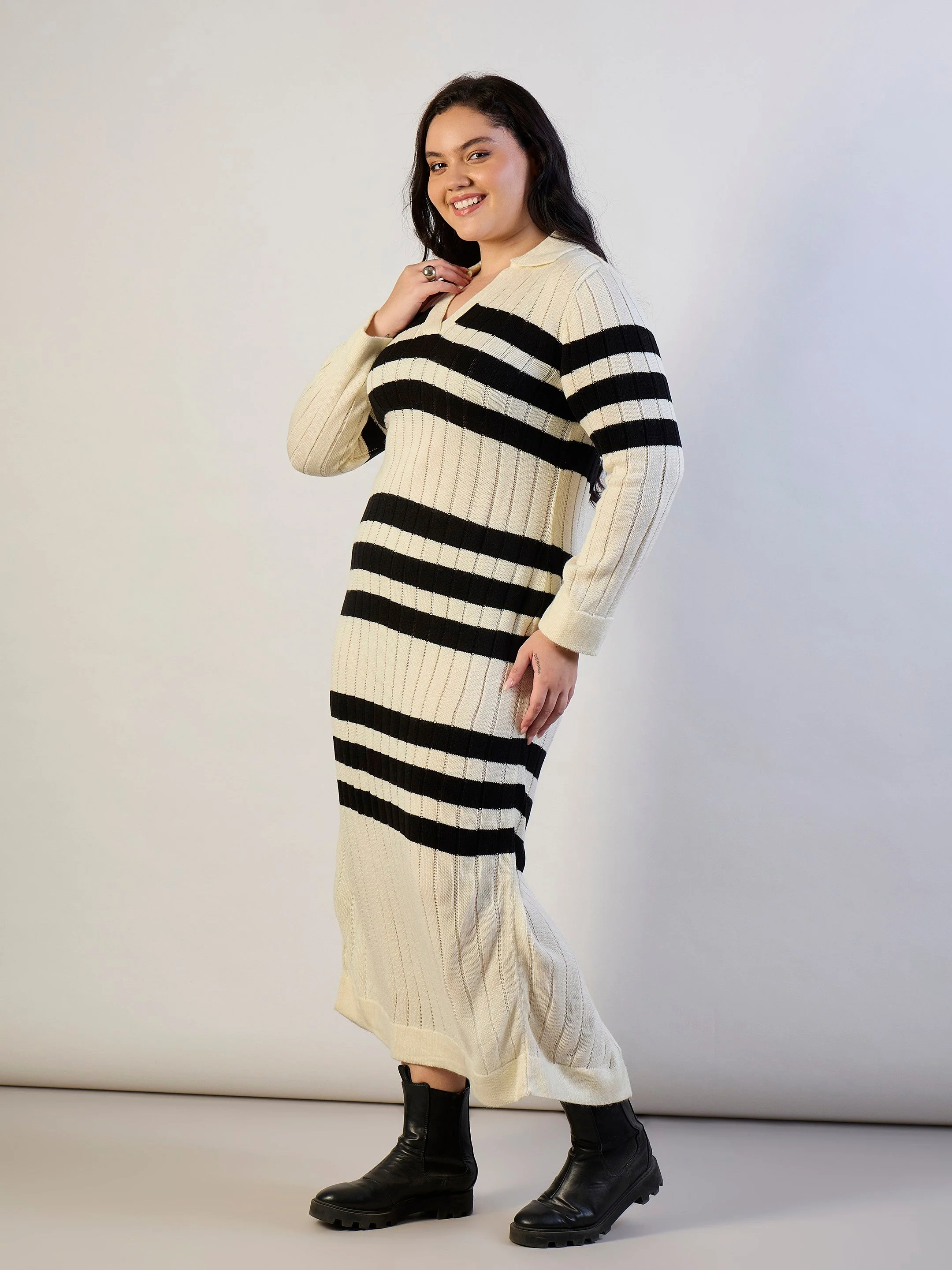 Women Black & White Striped Acrylic Wool Collar Midi Dress - Image 3