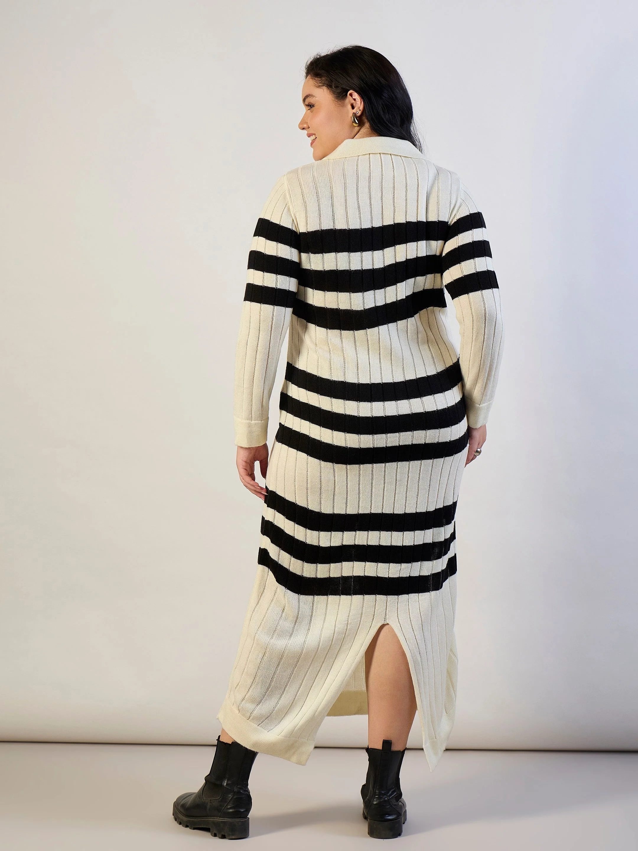 Women Black & White Striped Acrylic Wool Collar Midi Dress - Image 5