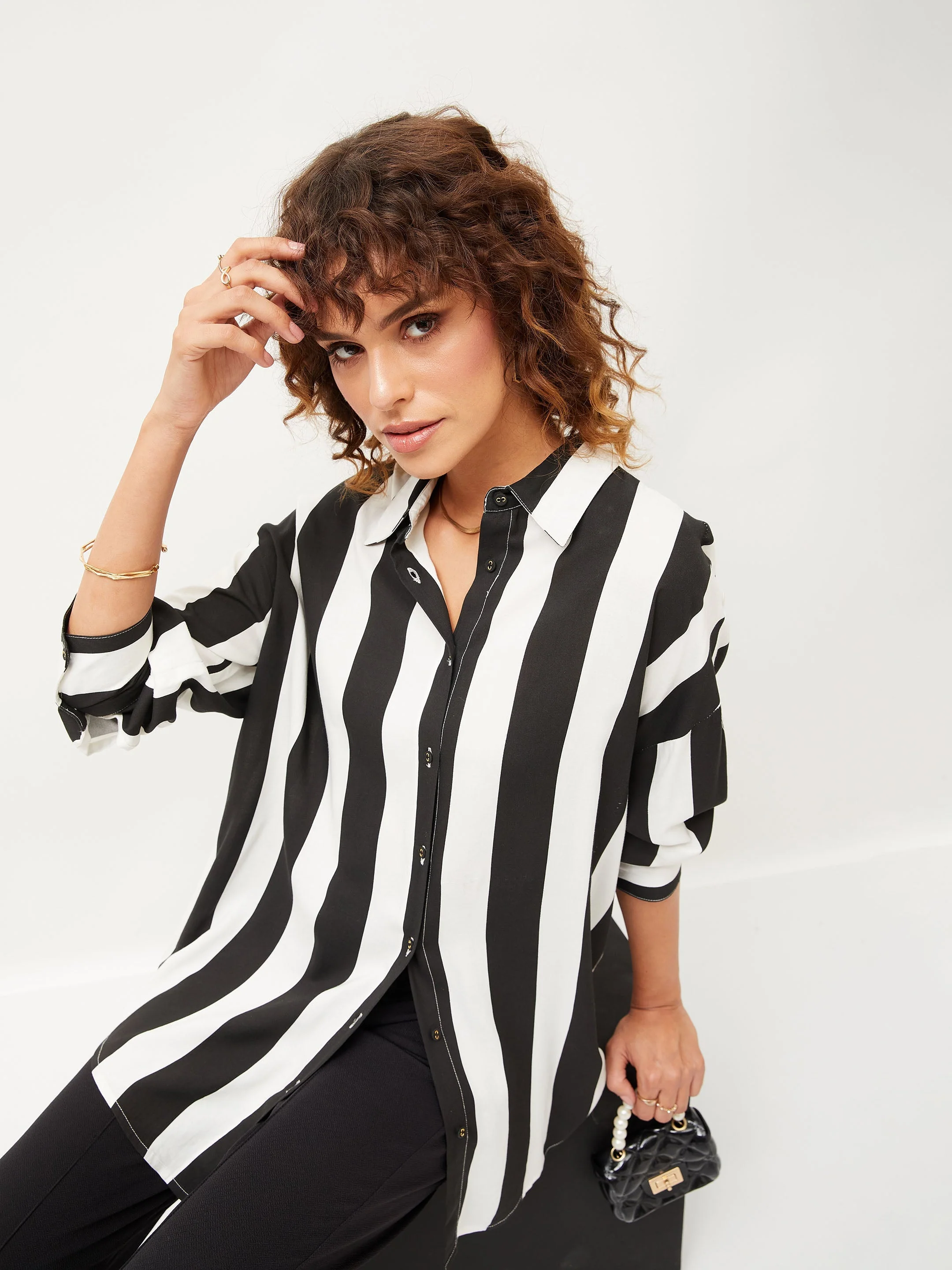 Women Black & White Striped Oversized Shirt