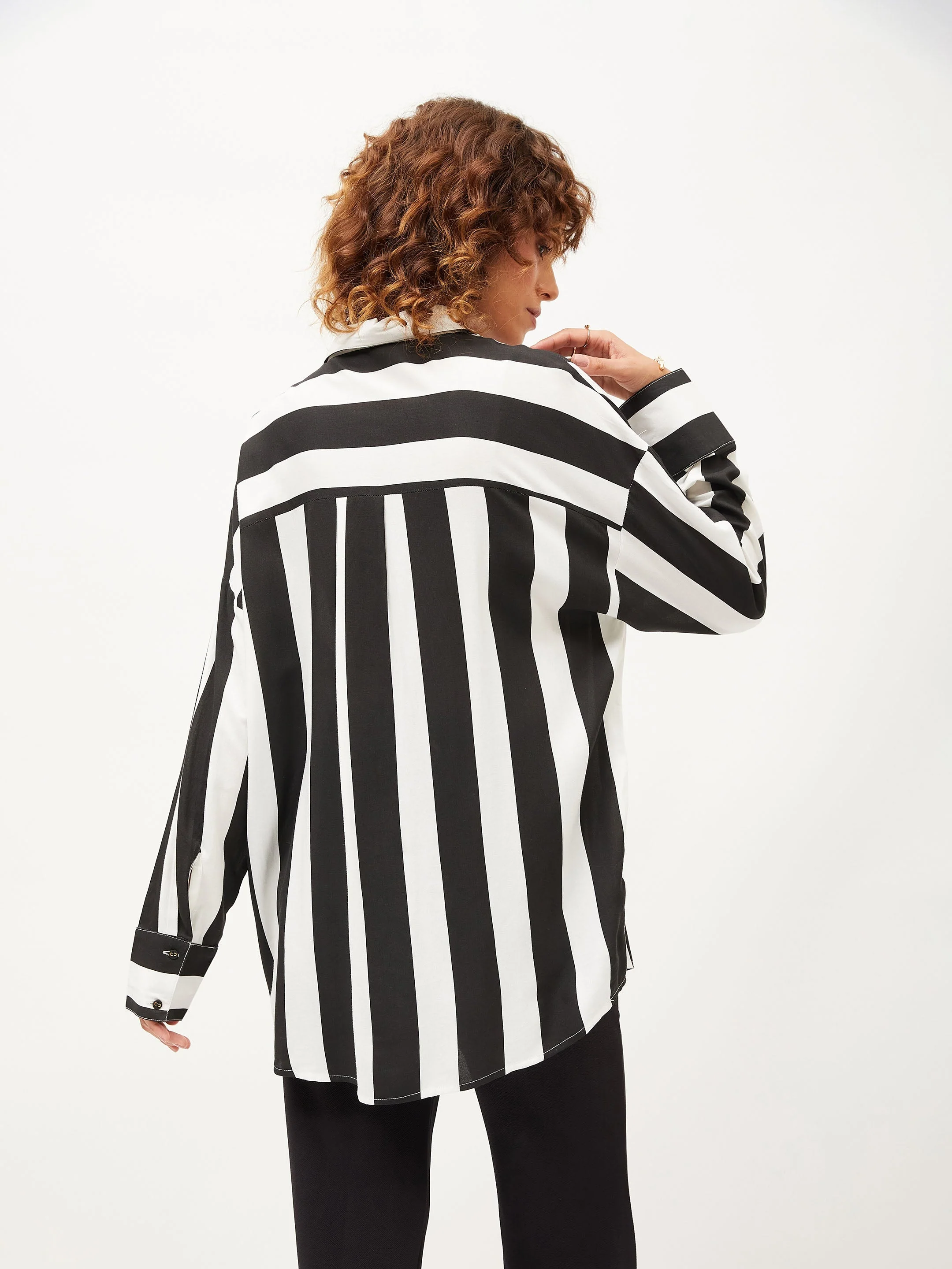 Women Black & White Striped Oversized Shirt - Image 2