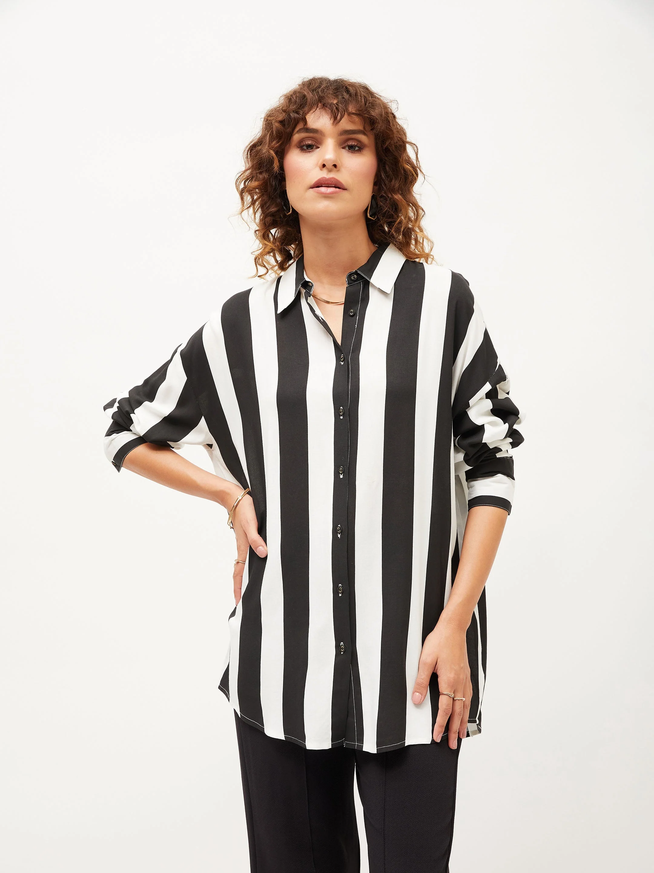 Women Black & White Striped Oversized Shirt - Image 4