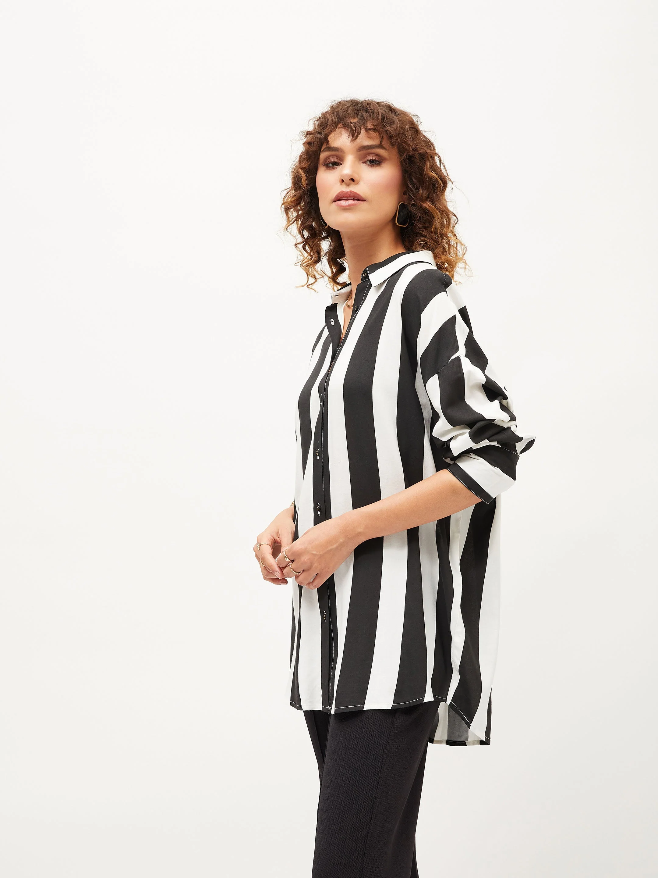 Women Black & White Striped Oversized Shirt - Image 5